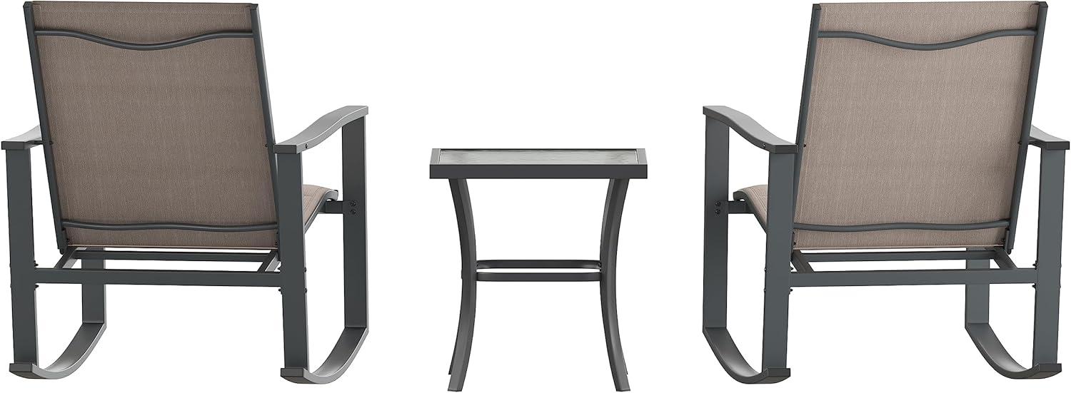 Flash Furniture Brazos 3 Piece Outdoor Rocking Chair Bistro Set with Flex Comfort Material and Steel Framed Glass Top Table, Brown/Black