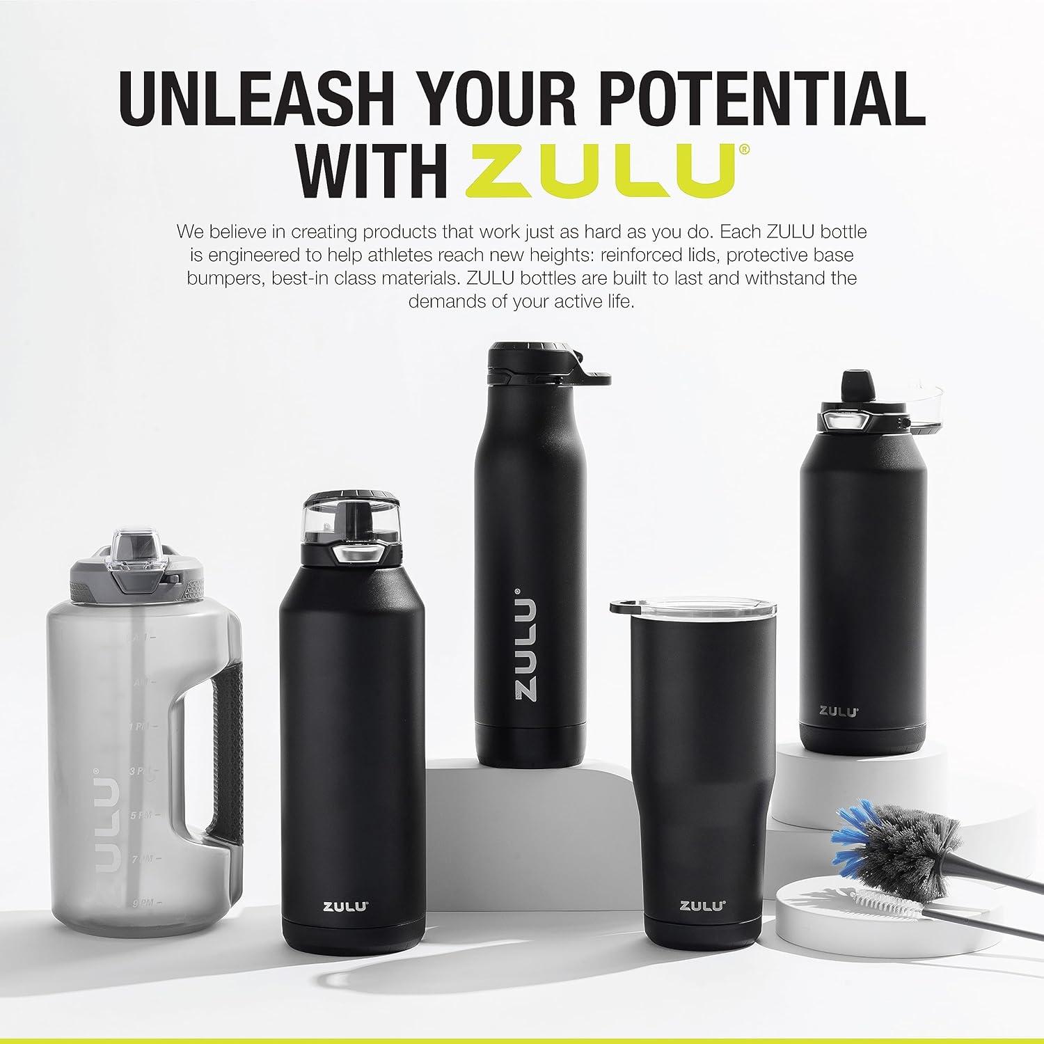 ZULU Ace Vacuum Insulated Stainless Steel Water Bottle with Removable Base - Leak Proof Lid - Antimicrobial Spout, 24 oz, White