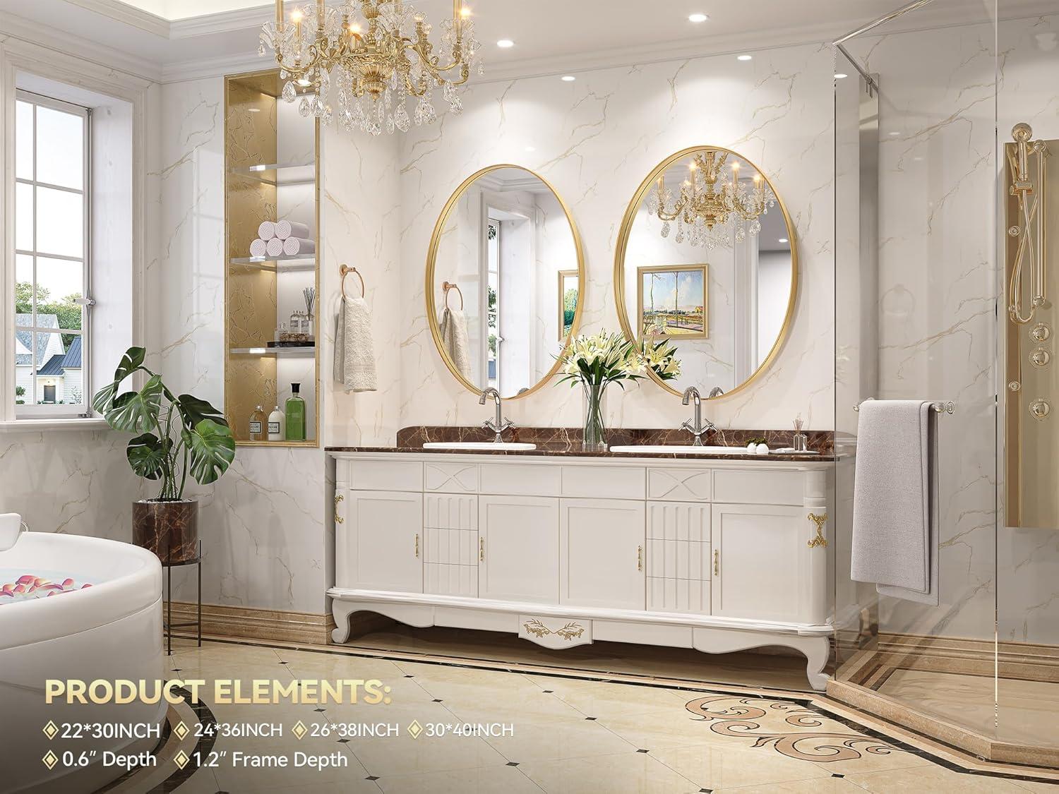 22"\u00d730" Gold Oval Mirror, Oval Bathroom Mirror for Wall, Vanity Mirror, Entryway, Living Room, Wall Mount Mirrors, Hangs Vertical or Horizontal