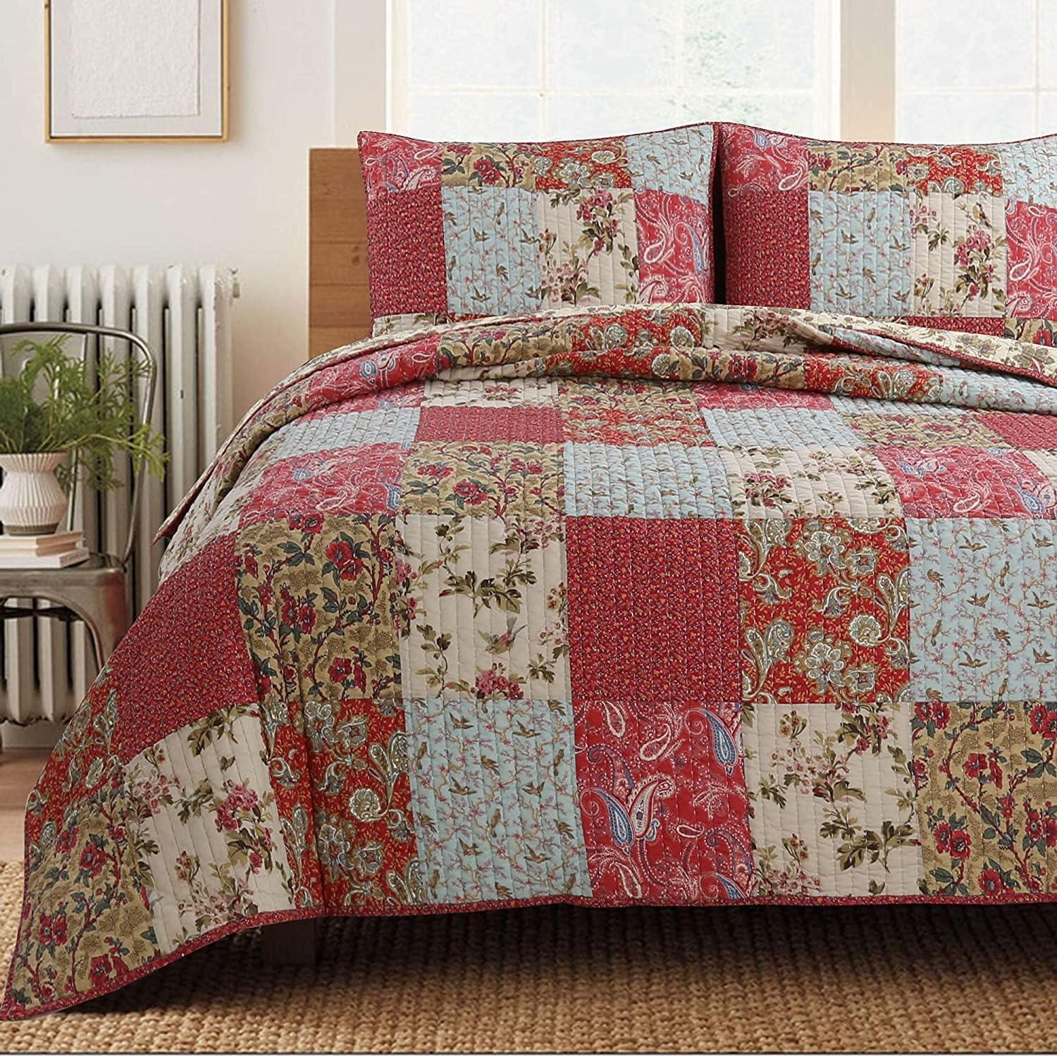 Queen Blue and Red Cotton Reversible Patchwork Quilt Set