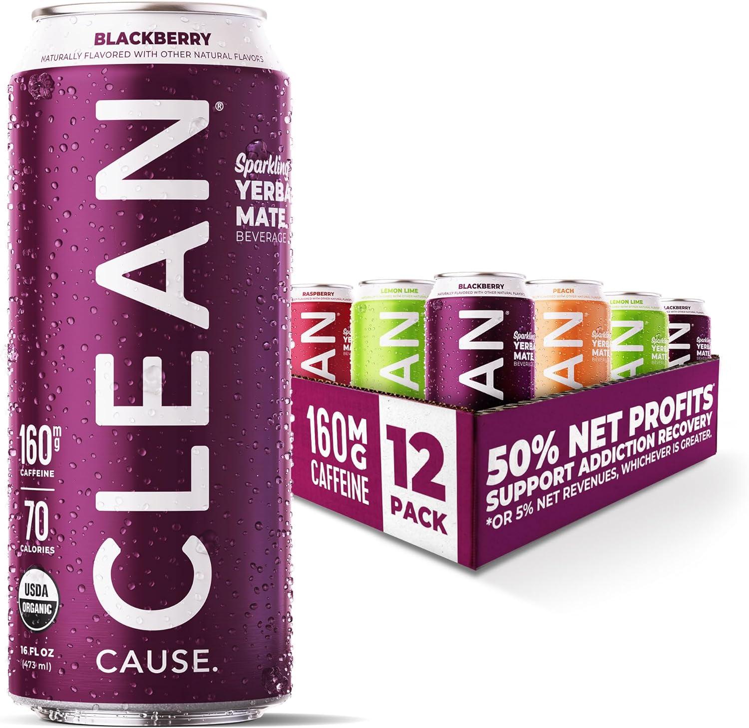 (12 Cans) CLEAN Cause Sparkling Yerba Mate Variety Pack - Organic, Low Calorie & Low Sugar (160mg Caffeine), 16 fl oz - 50% Profits Support Alcohol & Drug Addiction Recovery