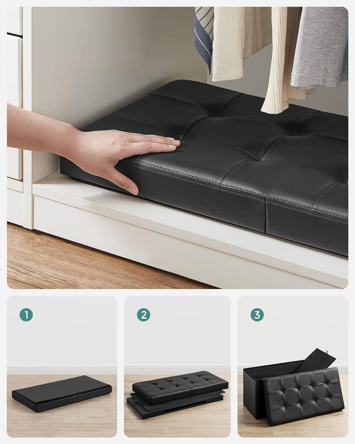 SONGMICS 43" Folding Storage Ottoman Bench Leather Ottoman Storage Footrest Hold up to 660lb Black