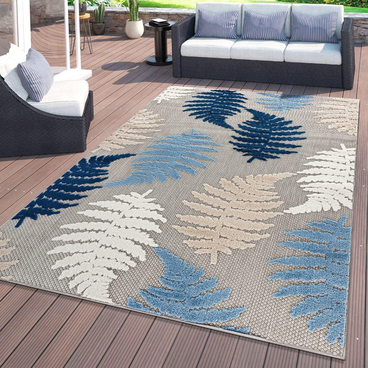 World Rug Gallery Seville Floral Leaves Indoor/Outdoor Area Rug - Blue 7'10" x 10':  Weather-Resistant,  Low Pile,  Botanical