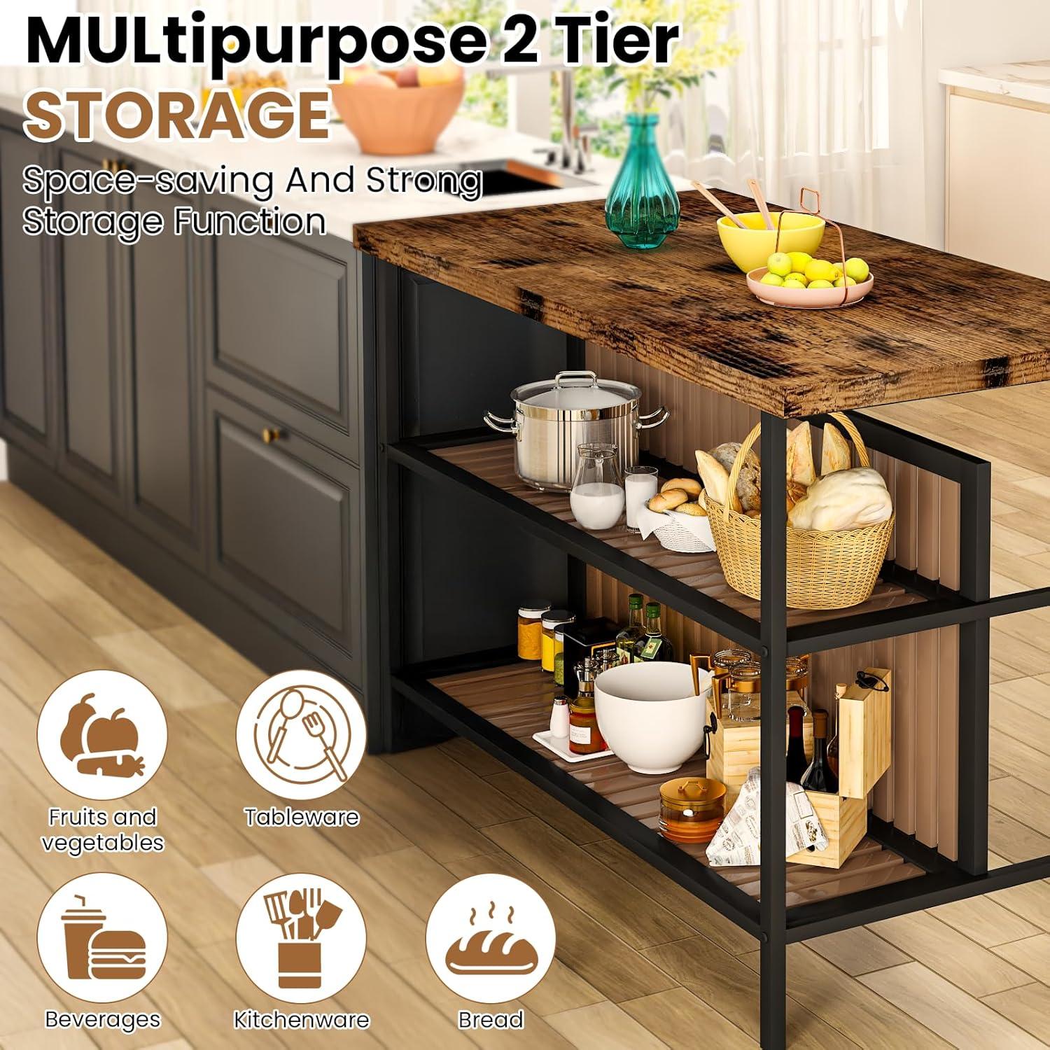 DKLGG Kitchen Island with Storage, 3 Piece Dining Table Set with 2 Tier Storage Shelves, Bar Table with Barstool, Sturdy Island Table with Chairs for Restaurant, Living Room
