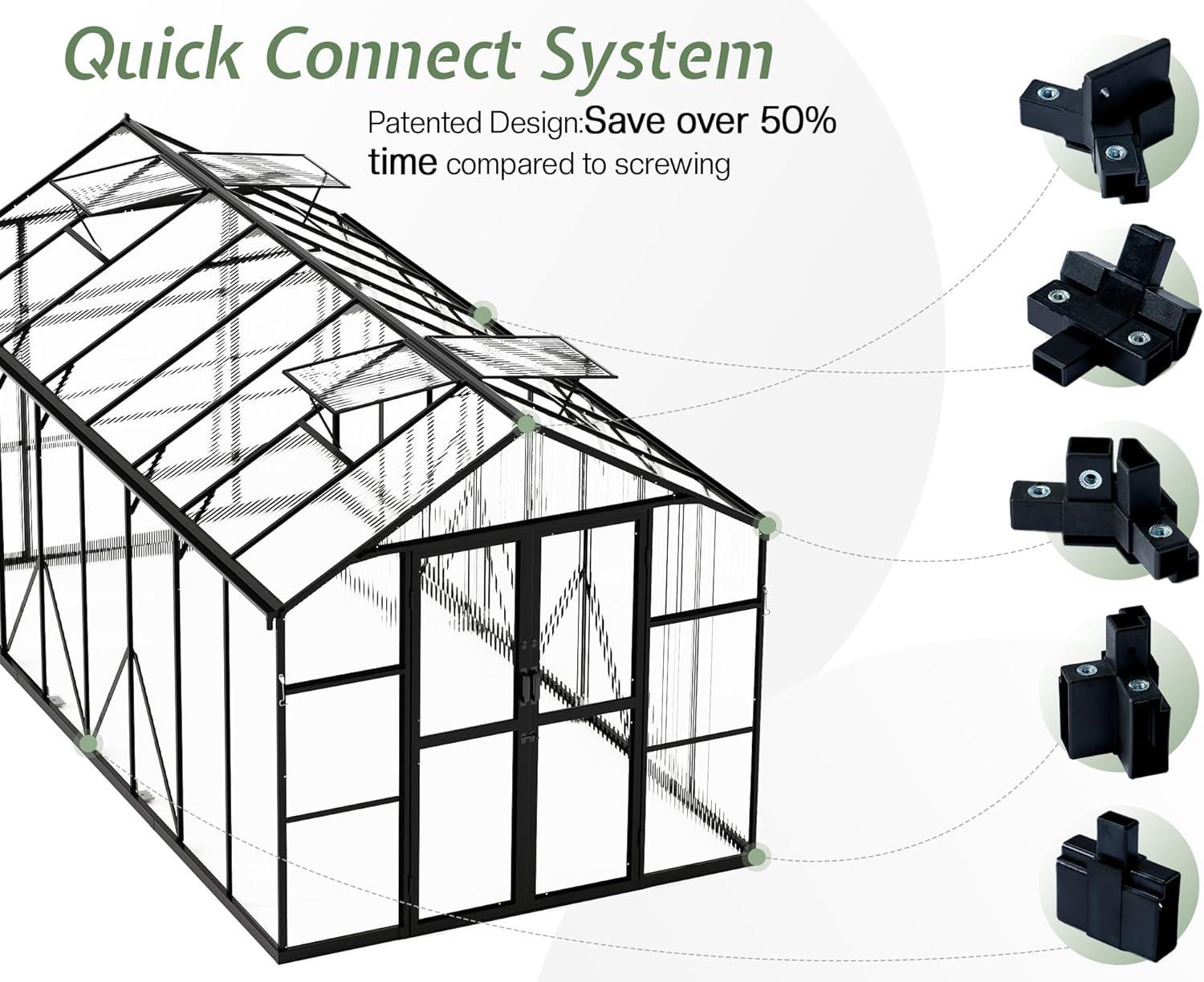 Jocisland 7.5x16x7.5 FT Polycarbonate Greenhouse with Quick Connector Fast Assembly, Outdoor Aluminum Greenhouses with Rain Gutter and Ventilation, Walk in Greenhouse for Backyard Garden, Black