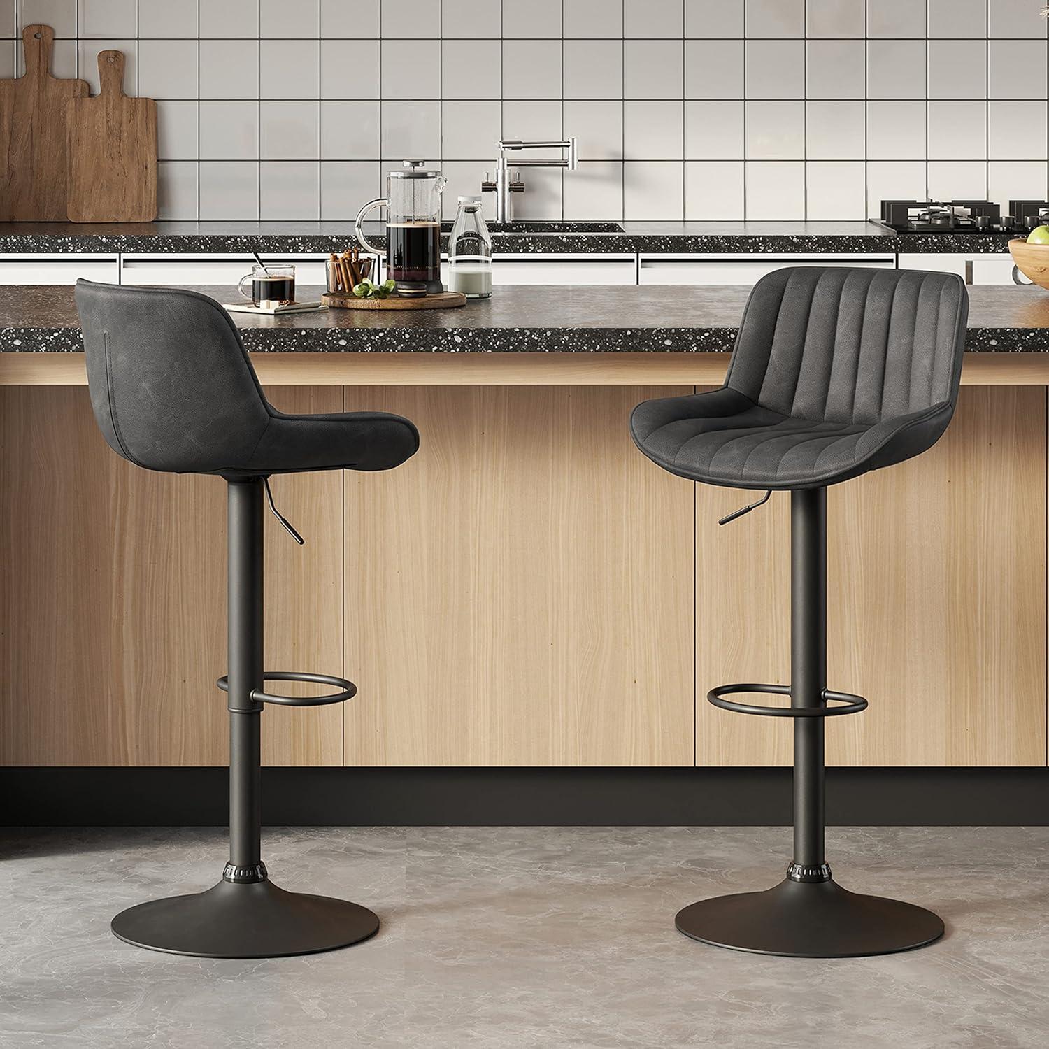 Art Leon Rustic Bar Stools Set of 2, Faux Leather with Backrest Chrome Legs, Upholstered Swivel Kitchen Stools, Gray