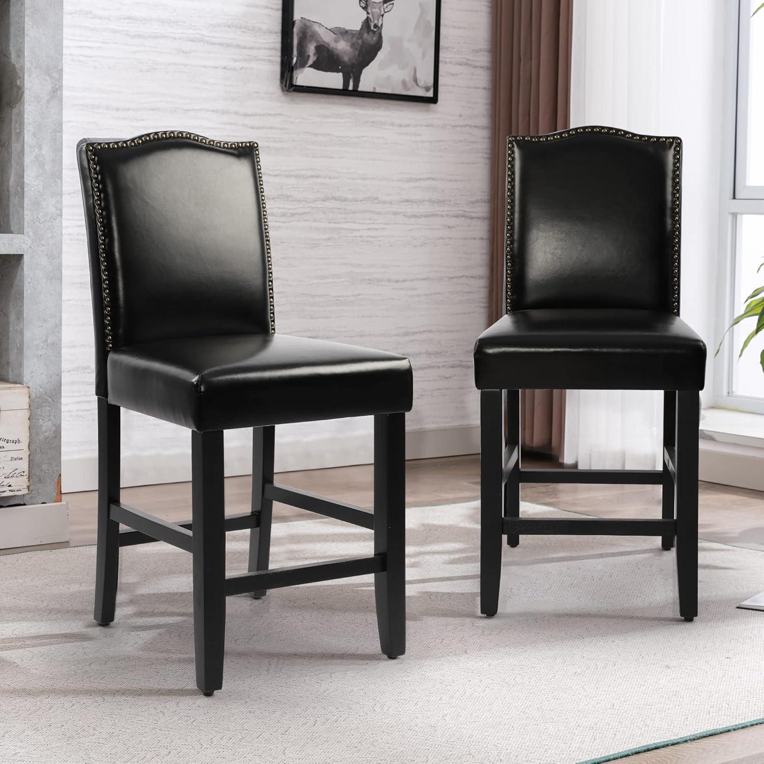 Black Faux Leather and Wood Counter Height Stools, Set of 2