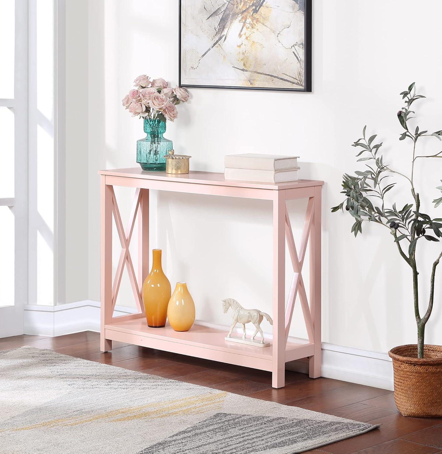 Blush Pink Oxford Console Table with Dual-Tiered Shelves