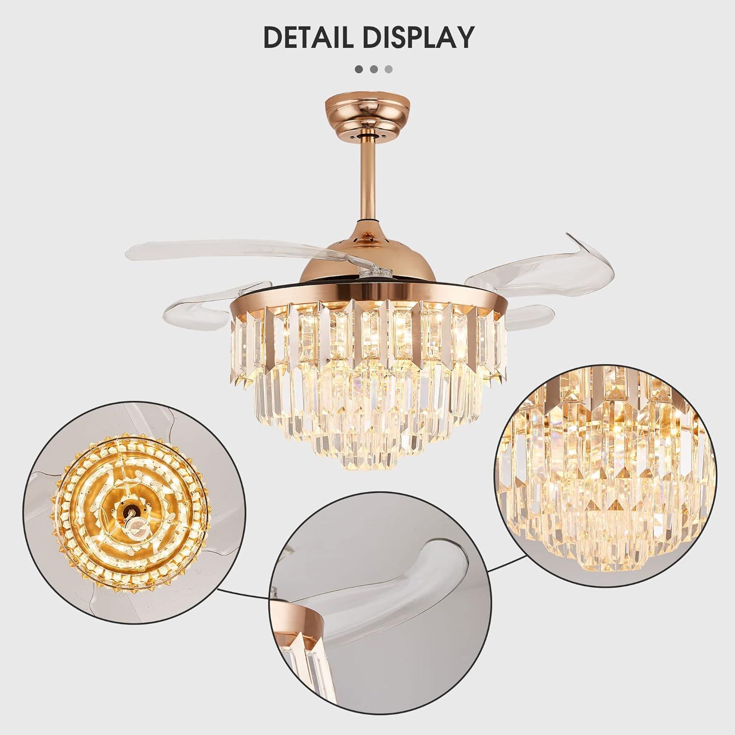 HOOMEDELIER 42" Chandelier Ceiling Fan with Remote, Crystal Beads Framed Fan with 4 Retractable Blades Smart Indoor Fandelier Fan