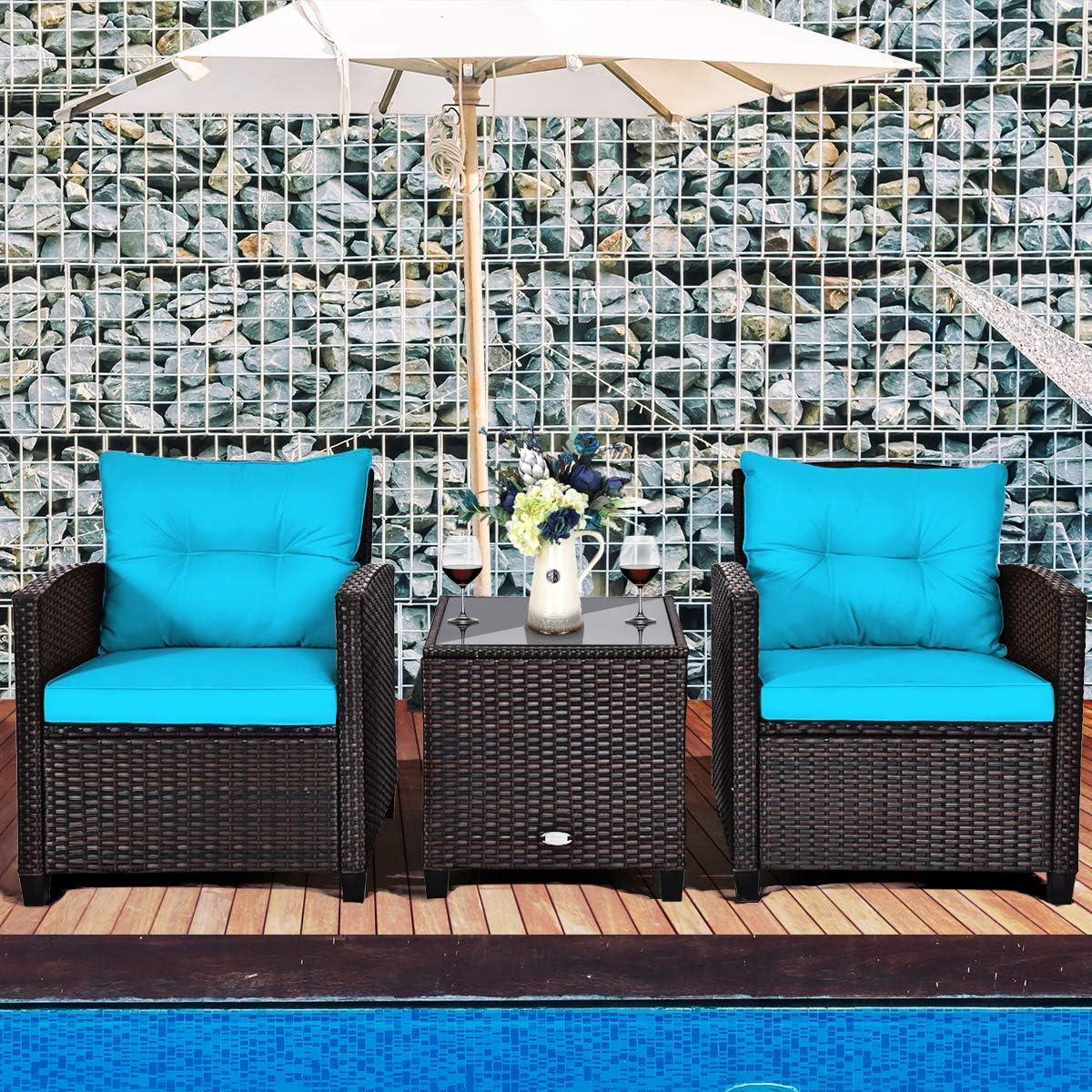 Giantex 3 Pieces Patio Furniture Set, PE Rattan Wicker 3 Pcs Outdoor Sofa Set w/Washable Cushion and Tempered Glass Tabletop, Conversation Furniture for Garden Poolside Balcony (Turquosize)