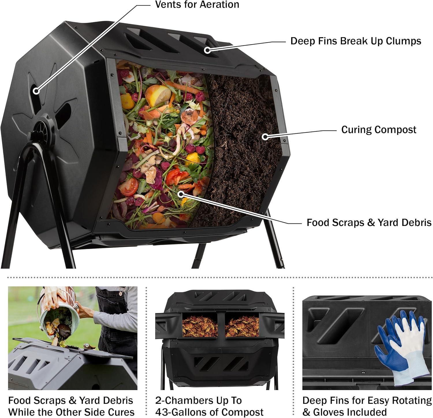 Pure Garden Compost Tumbler - 43Gal Compost Bin with Dual Chambers, 360-Degree Rotating Design, and Garden Gloves Included - Homesteading Supplies