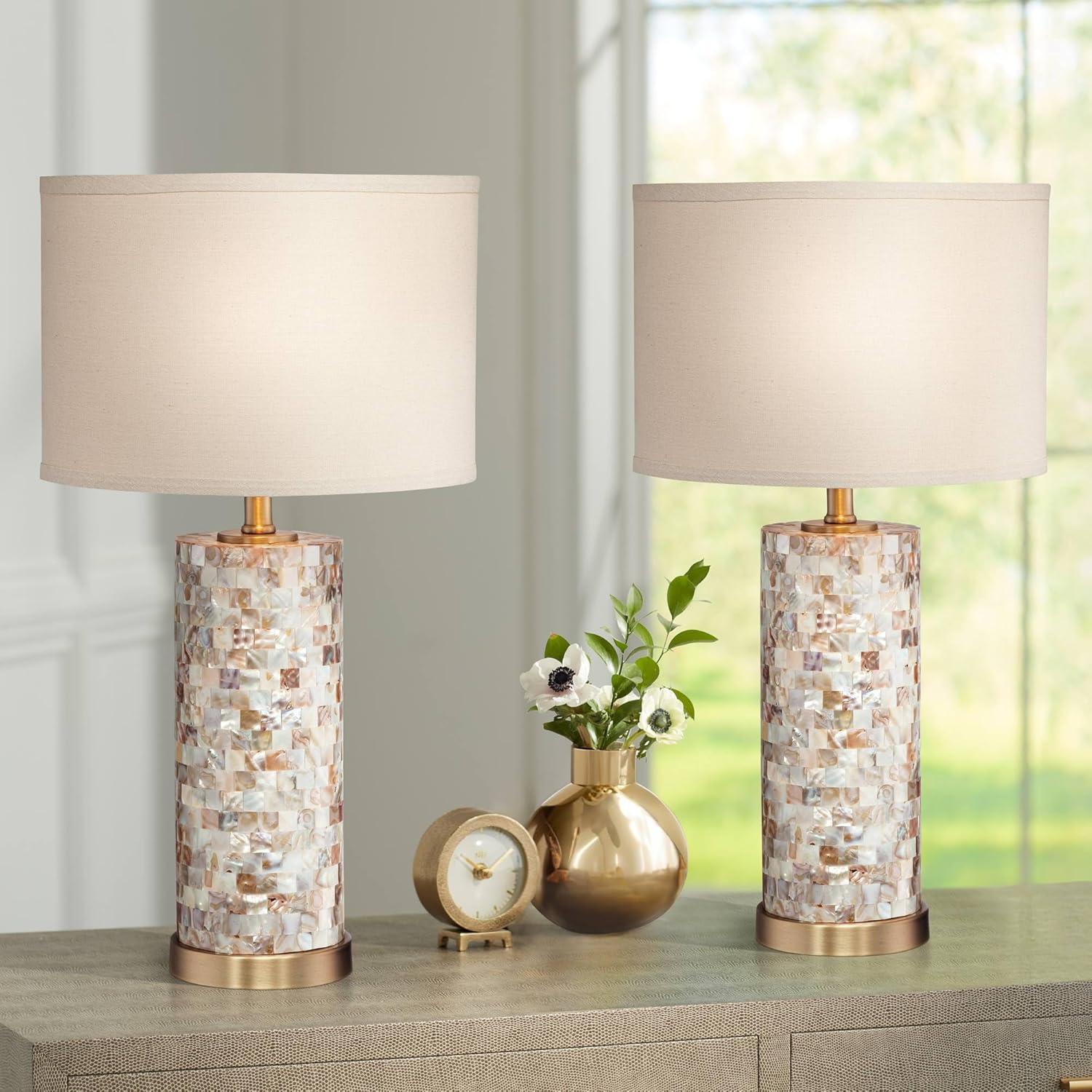 360 Lighting Margaret Coastal Accent Table Lamp 23" High Mother of Pearl Tile Cylinder Cream Linen Drum Shade for Bedroom Living Room Bedside Office