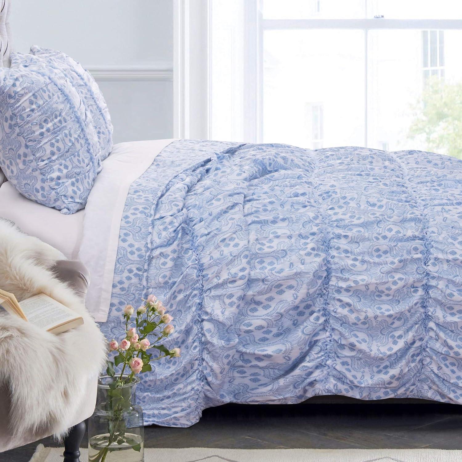 King Blue Microfiber Gathered Quilt Set