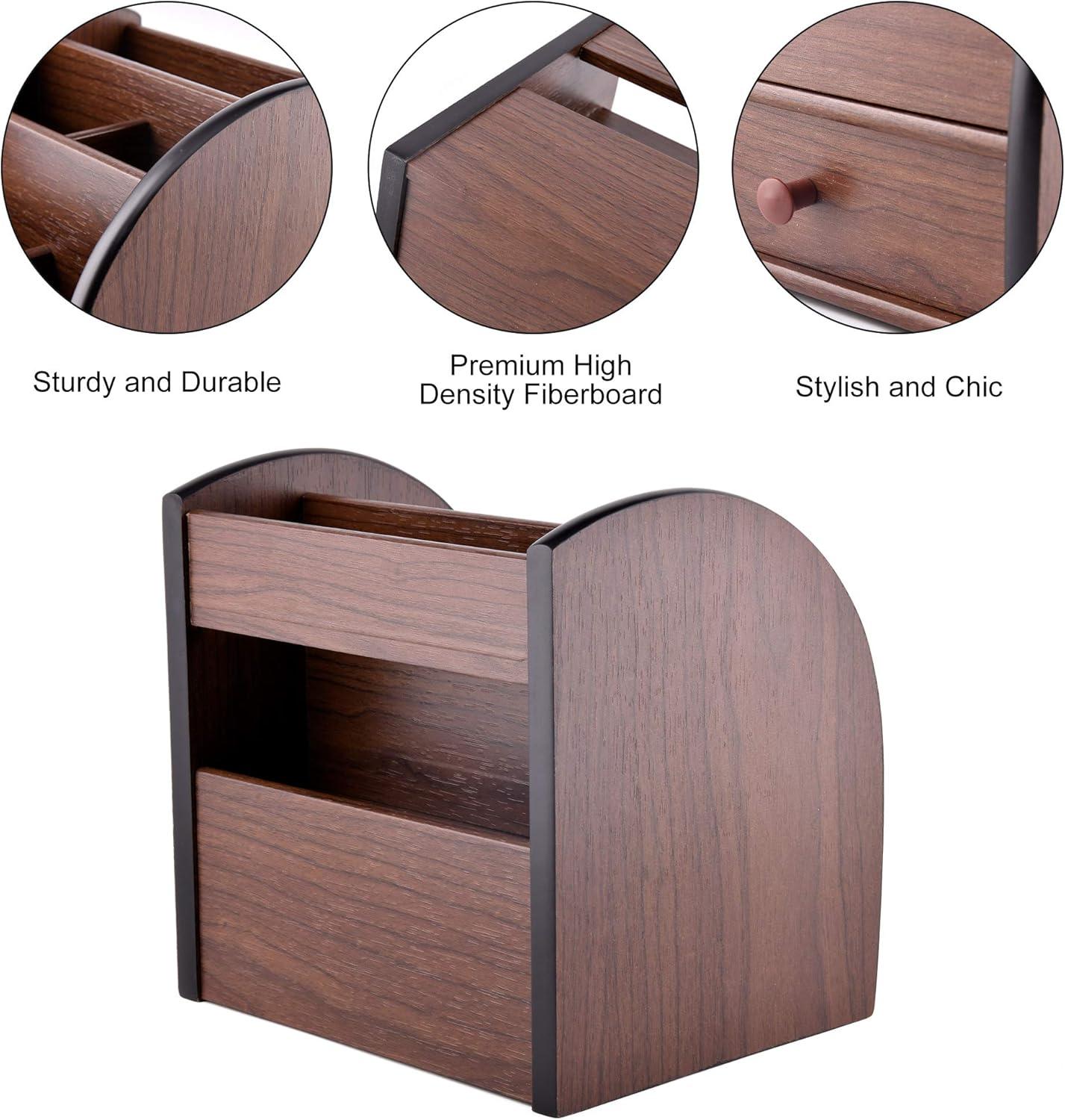 Wooden Desktop Organizer with Drawer, Multifunctional Office Supply Storage - Remote Control Caddy Holder
