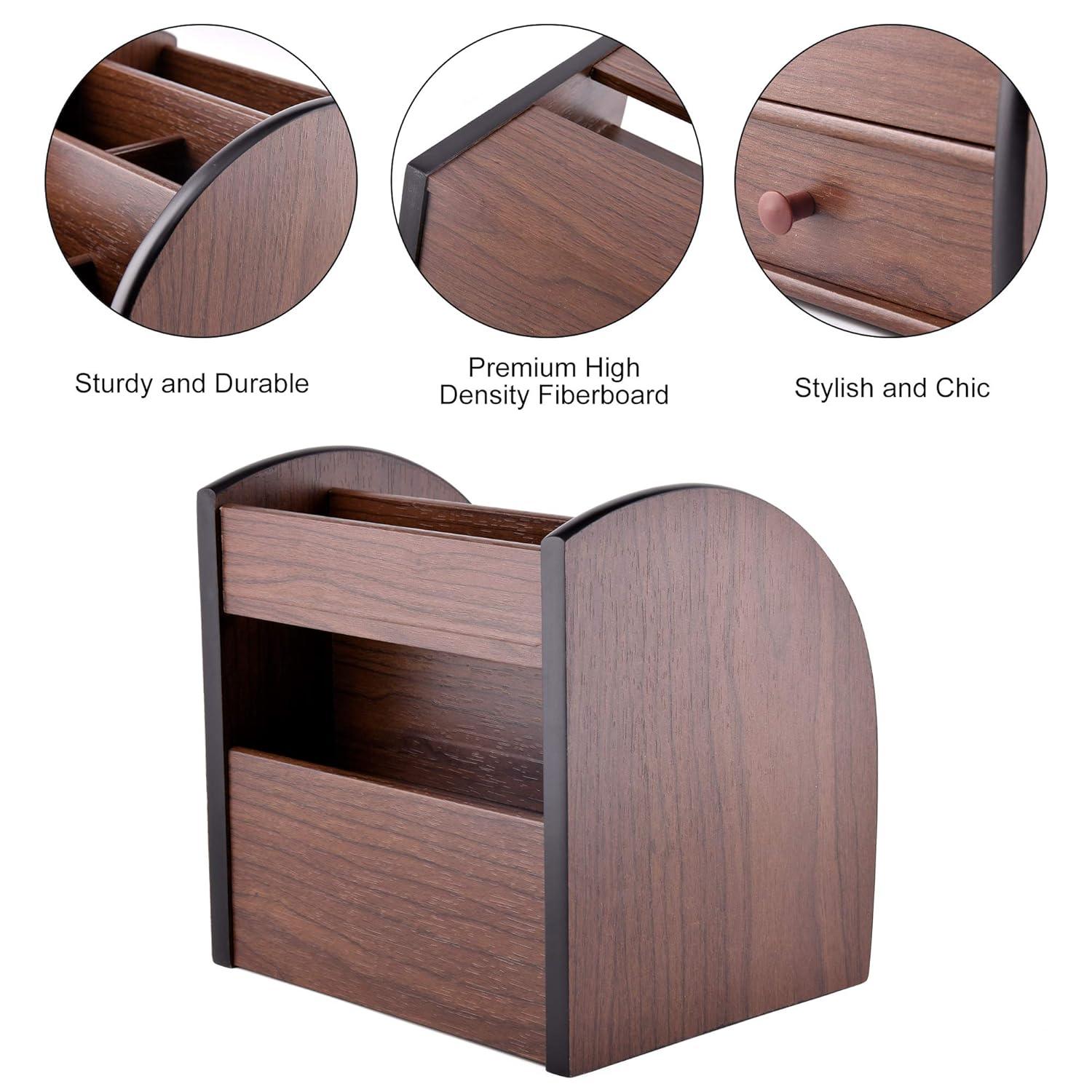 Wooden Desktop Organizer with Drawer, Multifunctional Office Supply Storage - Remote Control Caddy Holder