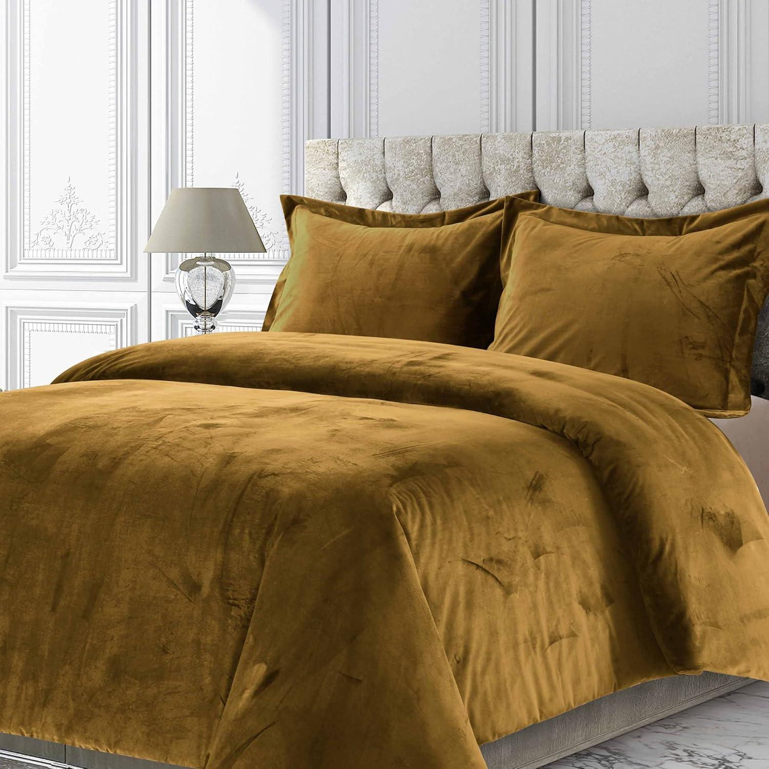 Tribeca Living 3pc King Venice Velvet Oversized Solid Duet Set Camel: Luxurious Polyester, Reversible, OEKO-TEX Certified