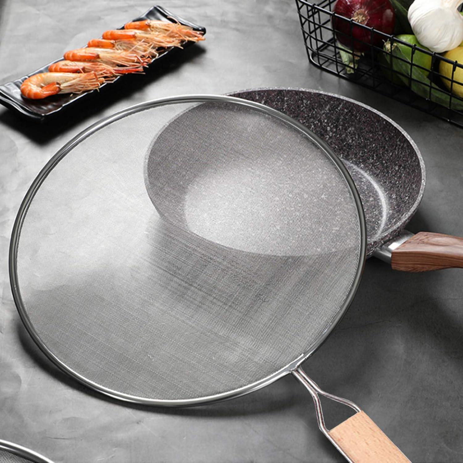 3 Pieces Grease Splatter Screen for Frying Pan, Splatter Guard Mesh Stainless Steel Grease Guard Shield for Kitchen Frying Pan Cooking Supplies Set of 9.44", 10.8" and 12.5" inch (Wood Handle)
