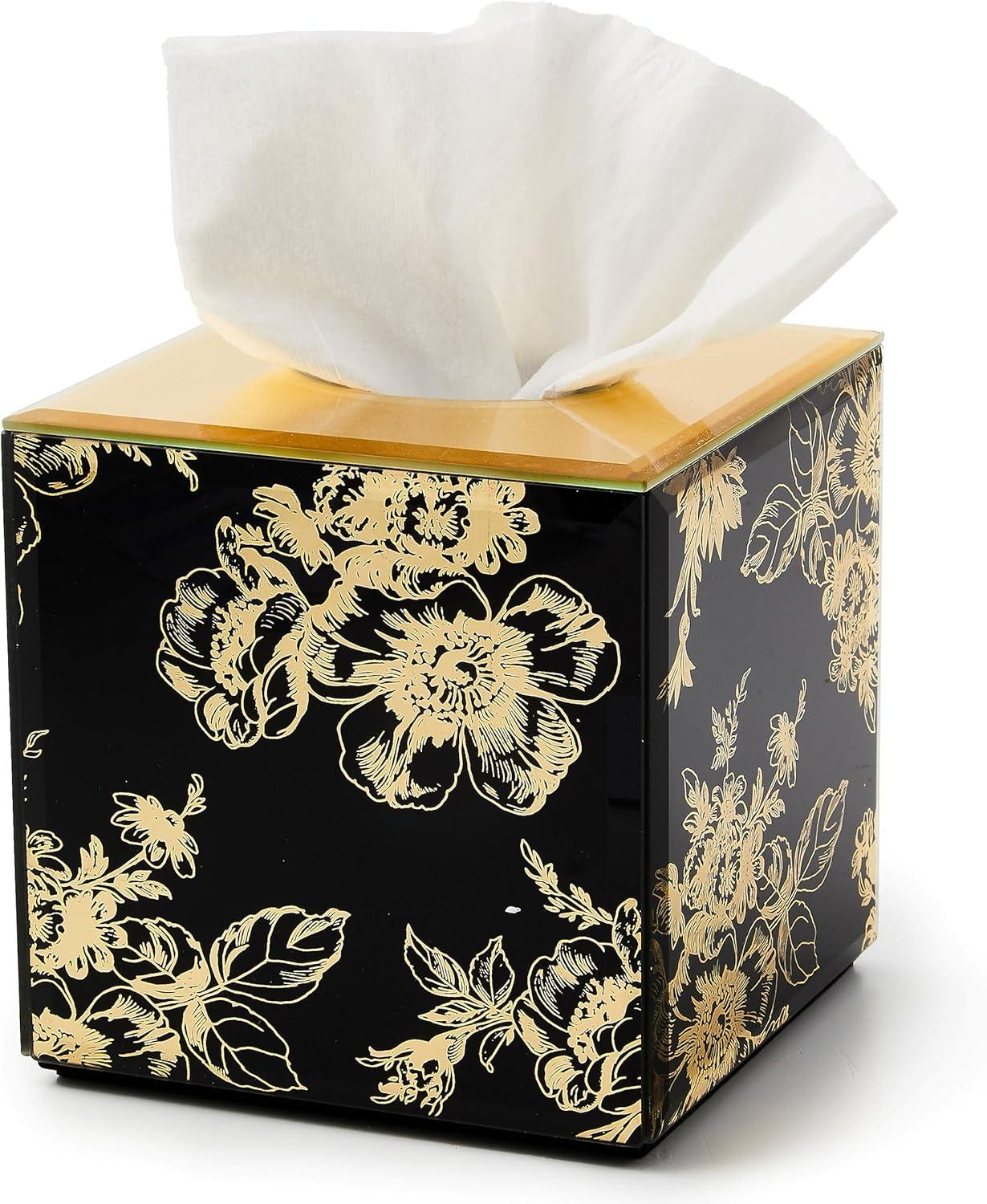 Black and Gold Floral Glass Tissue Box Cover