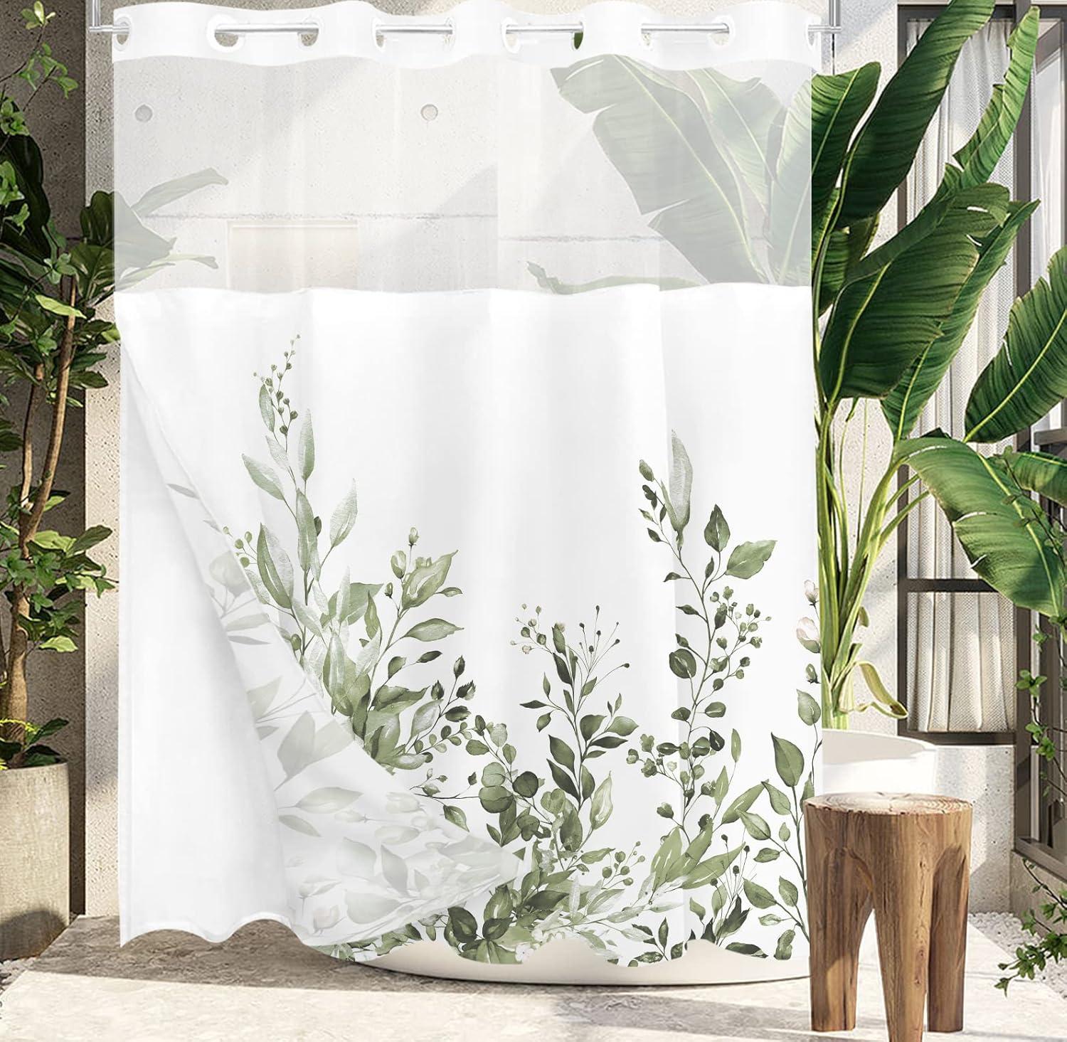 No Hook Shower Curtain with Snap in Liner, Eucalyptus Leaf Vintage Sage Green Leaves Hotel Shower Curtains for Bathroom, Washable Shower Curtain Liner Set with Mesh Top Window, 66"x72"