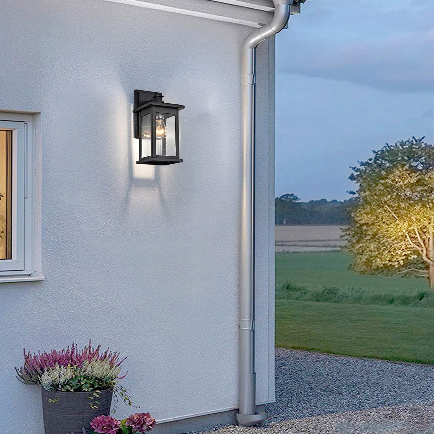 Matte Black 12-Inch Square Outdoor Wall Lantern with Seeded Glass