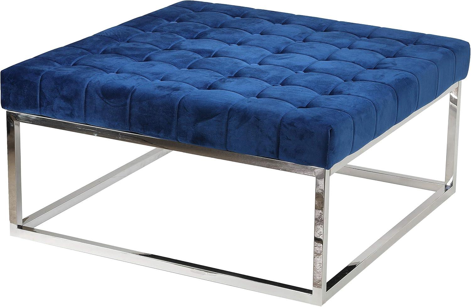 Caroline 36" Blue Velvet Tufted Ottoman with Stainless Steel Legs