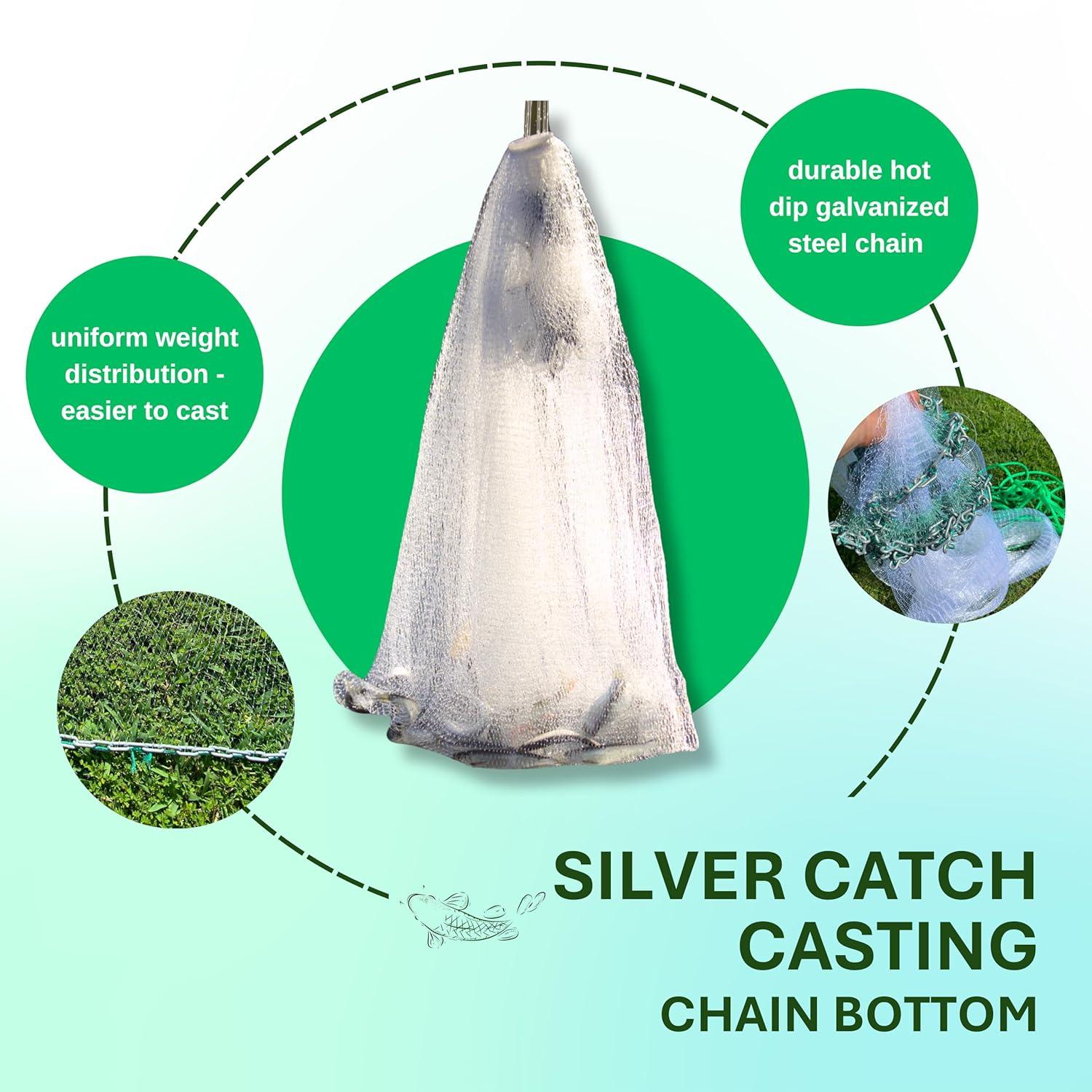 Silver Catch 8' Radius Cast Net Featuring 3/8" Mesh, True Six-Panel Design for Effective Smaller Bait Capture, Durable and Reliable