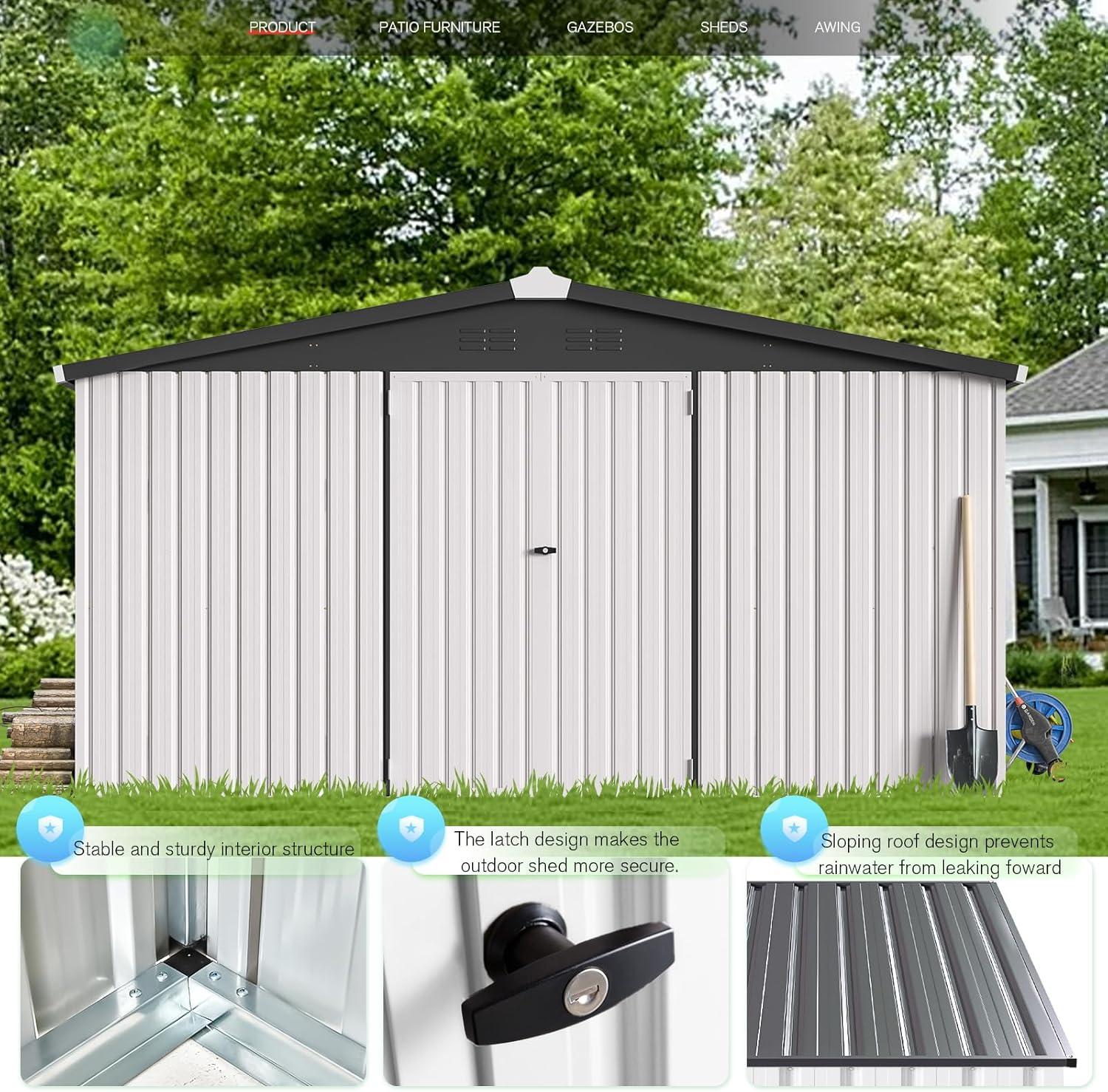 AECOJOY 12' x 12' Outdoor Storage Shed with Lockable Door Patio Metal Garden Storage Building in White for Outside
