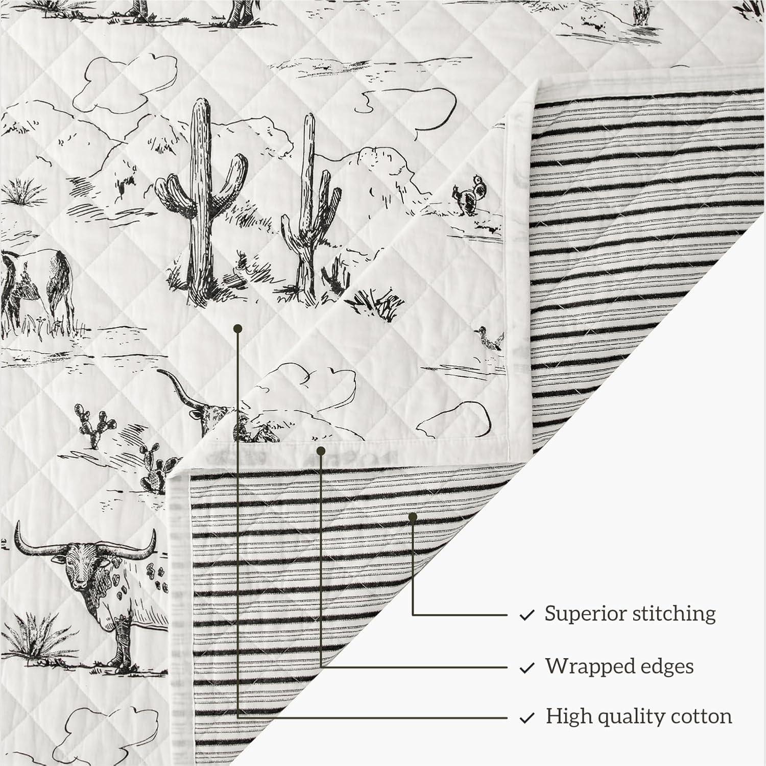 Paseo Road by HiEnd Accents Ranch Life White/Black Cotton Reversible Western Rustic Farmhouse 3 Piece Quilt Set