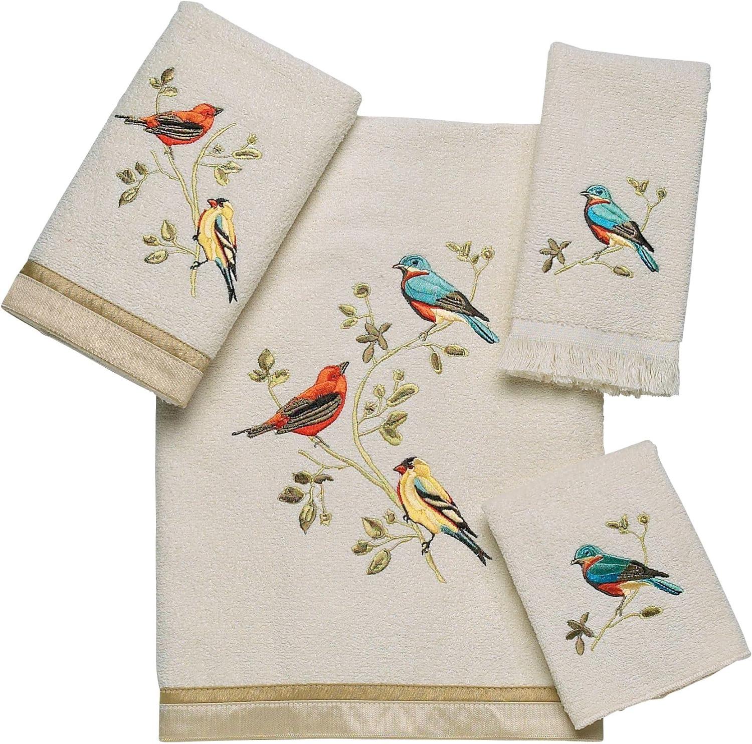 Ivory Embroidered Birds Cotton Polyester Towel Set