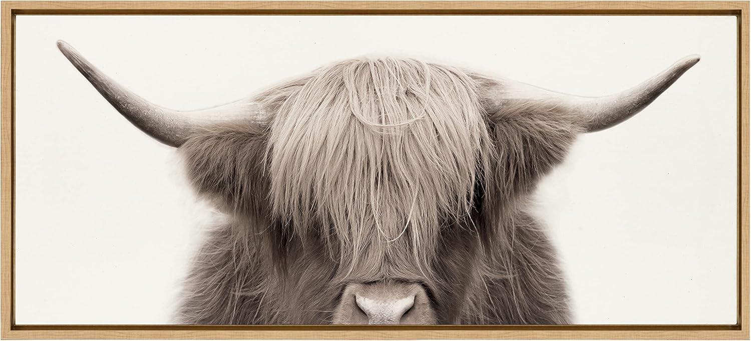 Kate and Laurel Sylvie Hey Dude Highland Cow Color Framed Canvas by The Creative Bunch Studio, 18x40, Natural