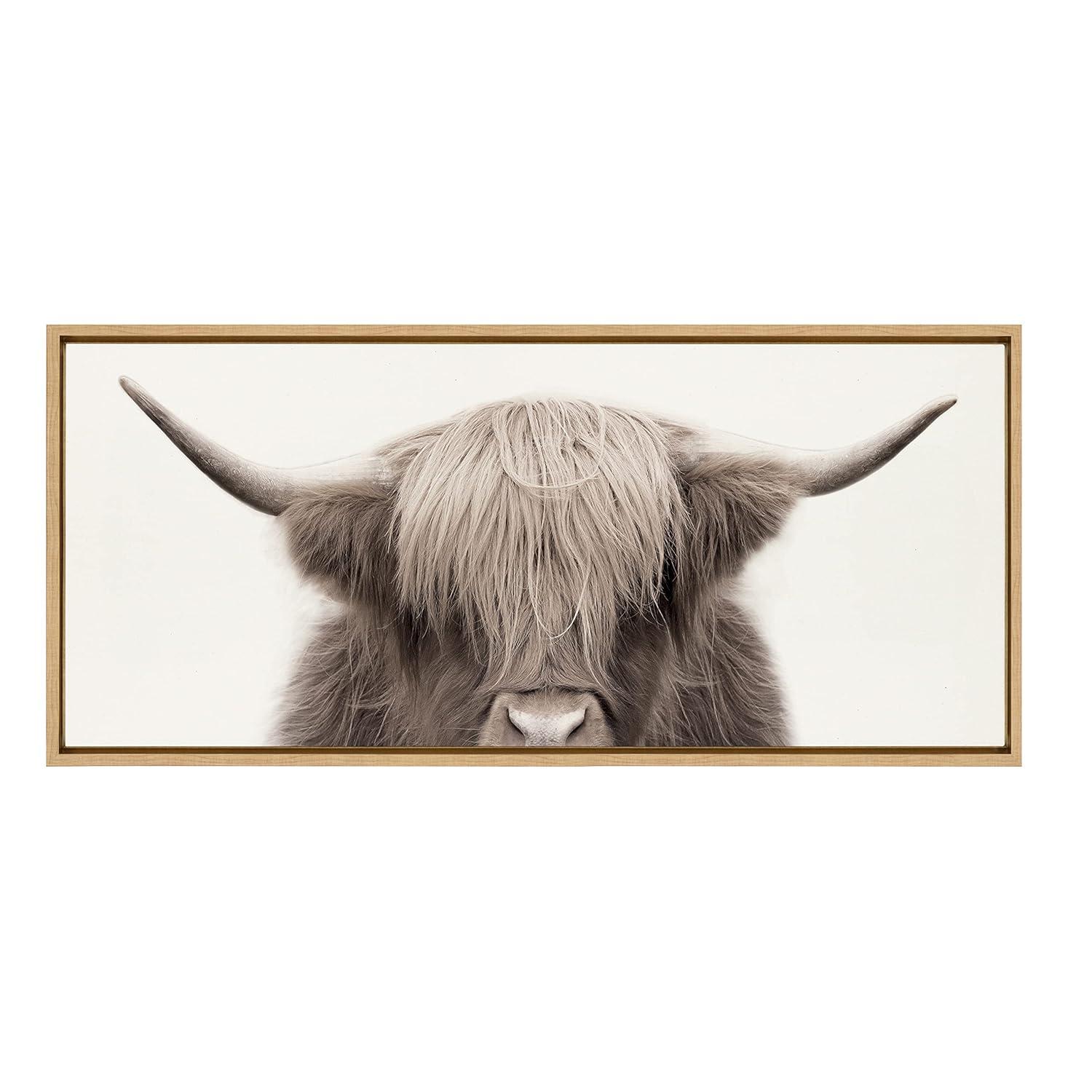 Kate and Laurel Sylvie Hey Dude Highland Cow Color Framed Canvas by The Creative Bunch Studio, 18x40, Natural