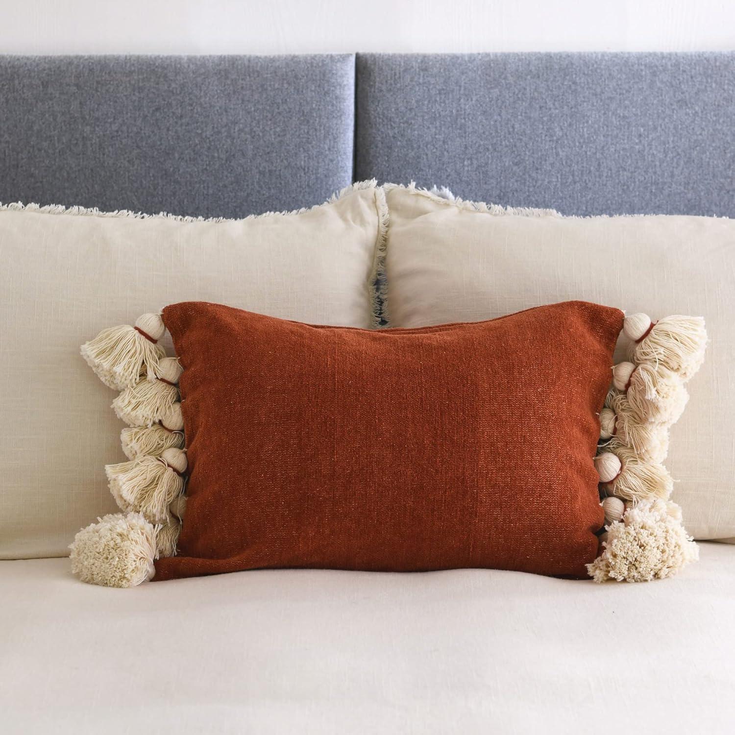 Terracotta Cotton Chenille Lumbar Pillow with Cream Tassels