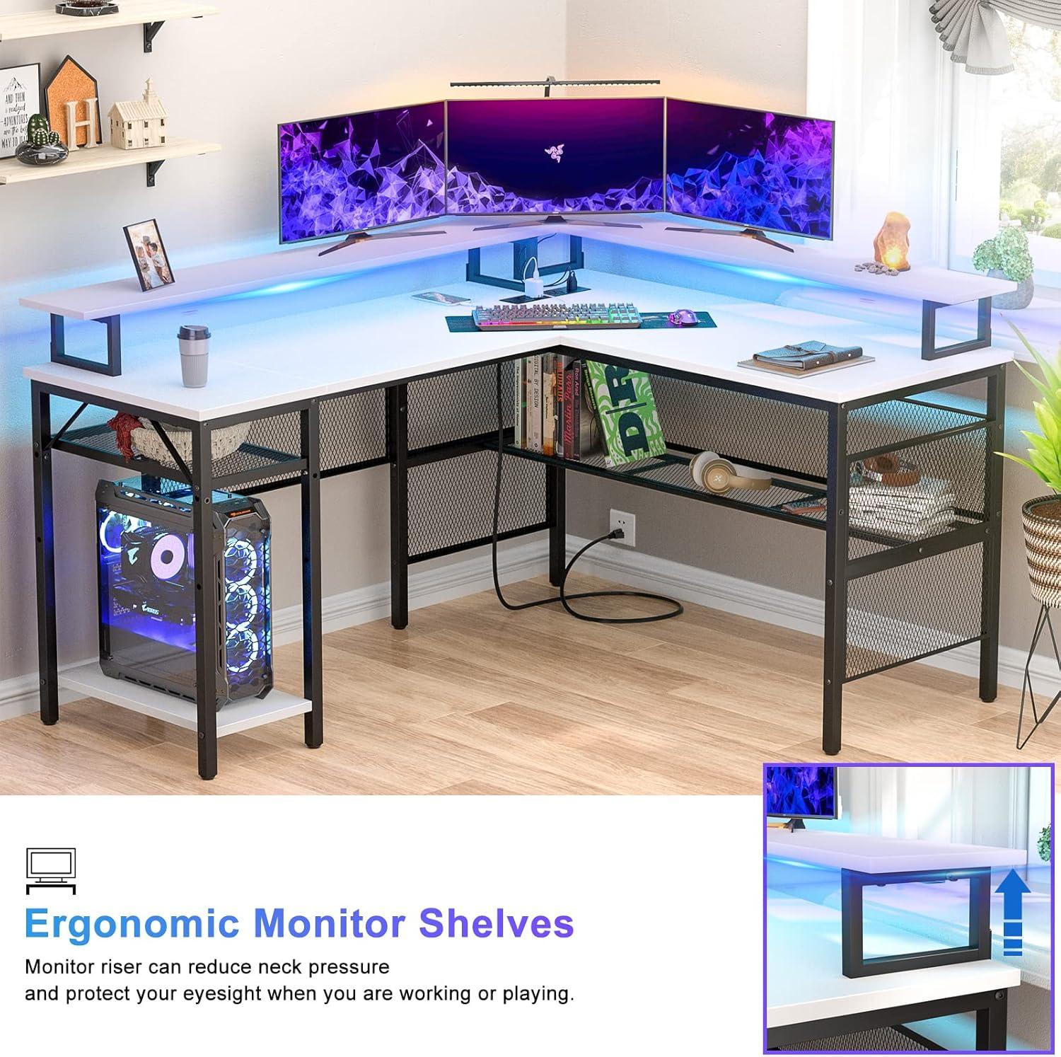 Unikito Reversible L Shaped Desk with Power Outlets and RGB LED Light, Sturdy Computer Desk with Ergonomic Monitor Stand and Storage Shelves, Corner Desk for Home Office, Easy Assembly, Black Oak
