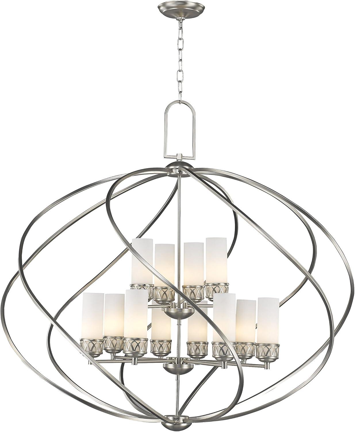 Elegant Brushed Nickel 42" Medium Cage Chandelier with Satin Opal White Glass