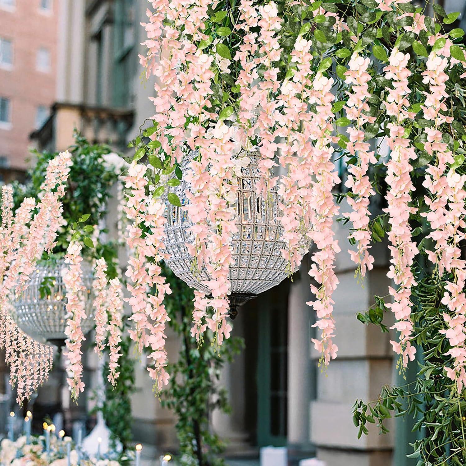 Wisteria Hanging Flowers 24 Pack Fake Flower Garland Artificial Wisteria Vines Rattan Silk Flower String Wedding Party Wall Decorations,Blush Pink