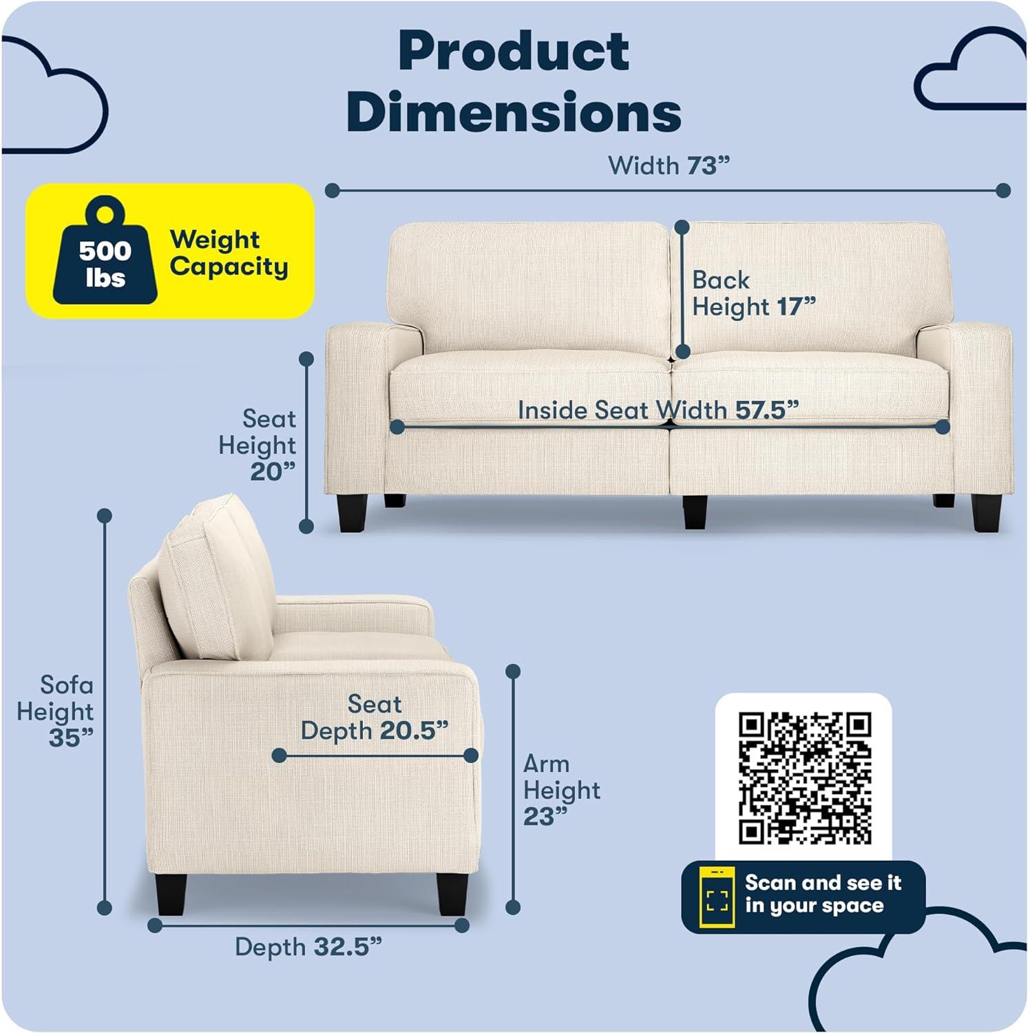 Serta Palisades 73" Track Arm Sofa, Easy Care Fabric, Soft Pillow Back, Pocket Coil Seat Cushions