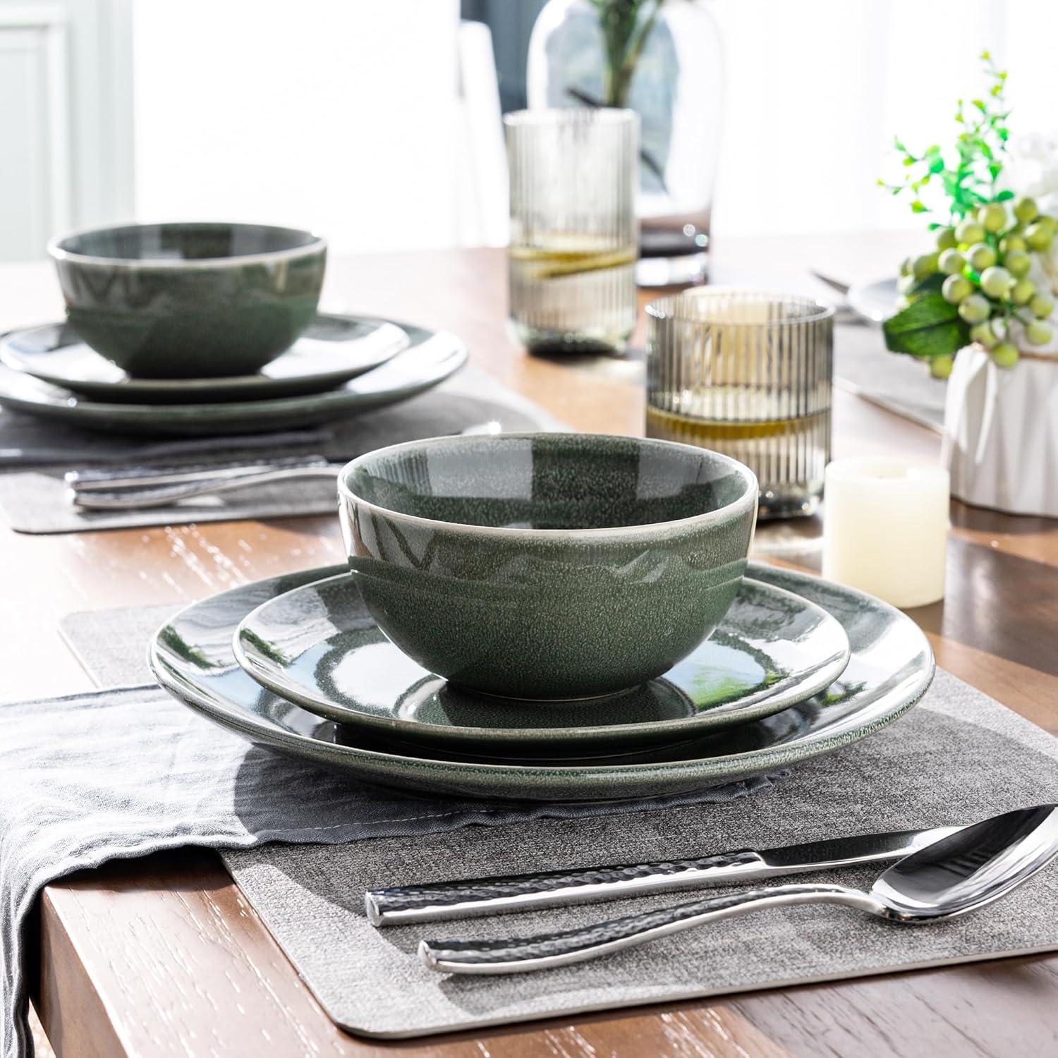 Jade Green Ceramic 12-Piece Dinnerware Set for 4