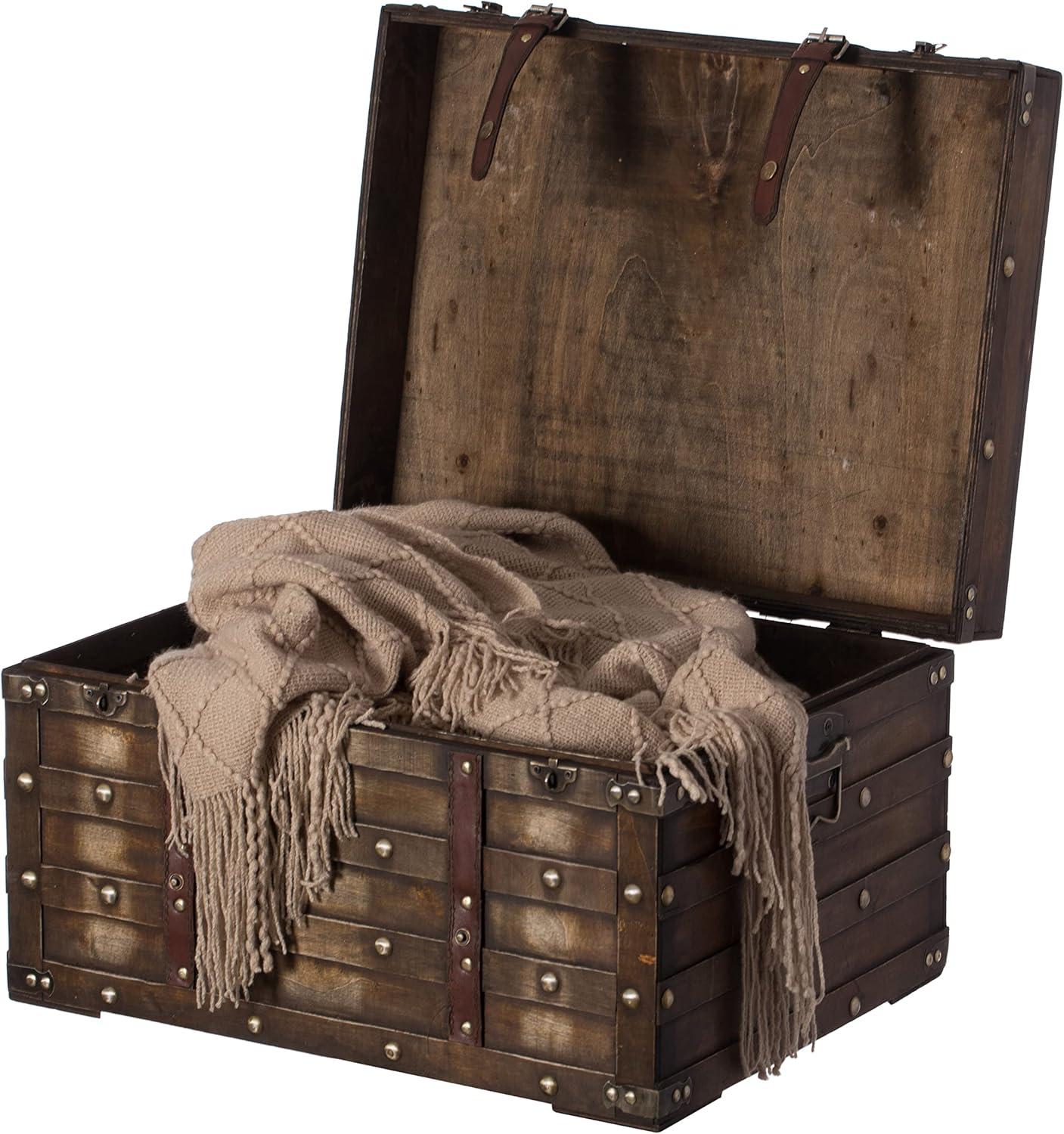 Large Distressed Brown Wooden Storage Trunk with Faux Leather Straps