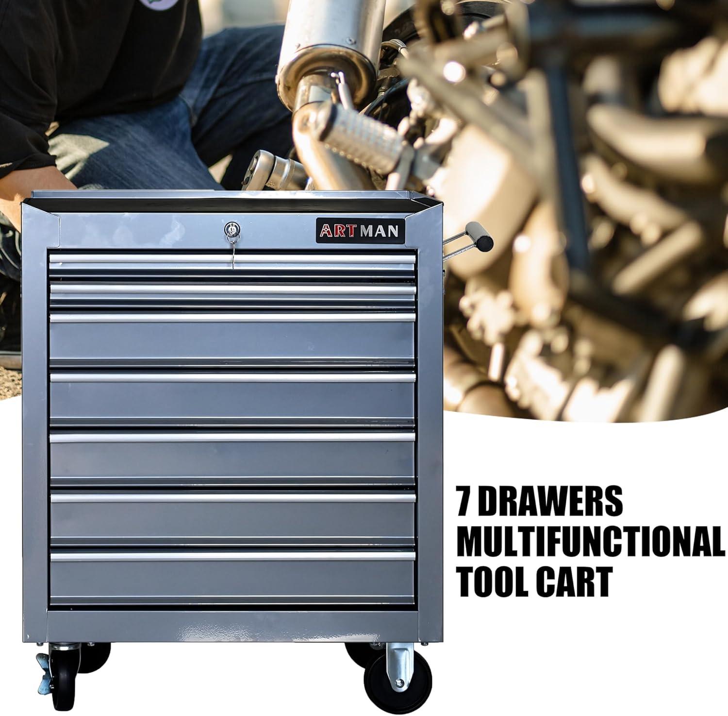 Rolling Tool Chest with 7-Drawer Tool Box with Wheels, Multifunctional Tool Cart Mechanic Tool Storage Cabinet for Garage, Warehouse, Workshop, Repair Shop, Silver