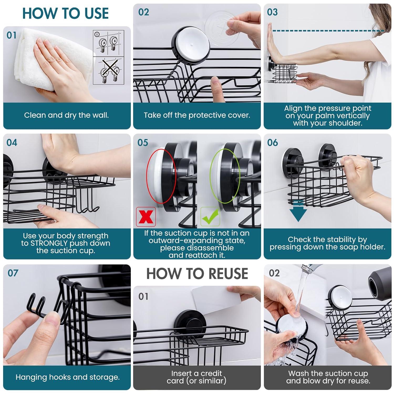 Shower Caddy Suction Cup 2 Pack With Hooks & Soap Holder, Heavy Duty Shower Organizer For Bathroom