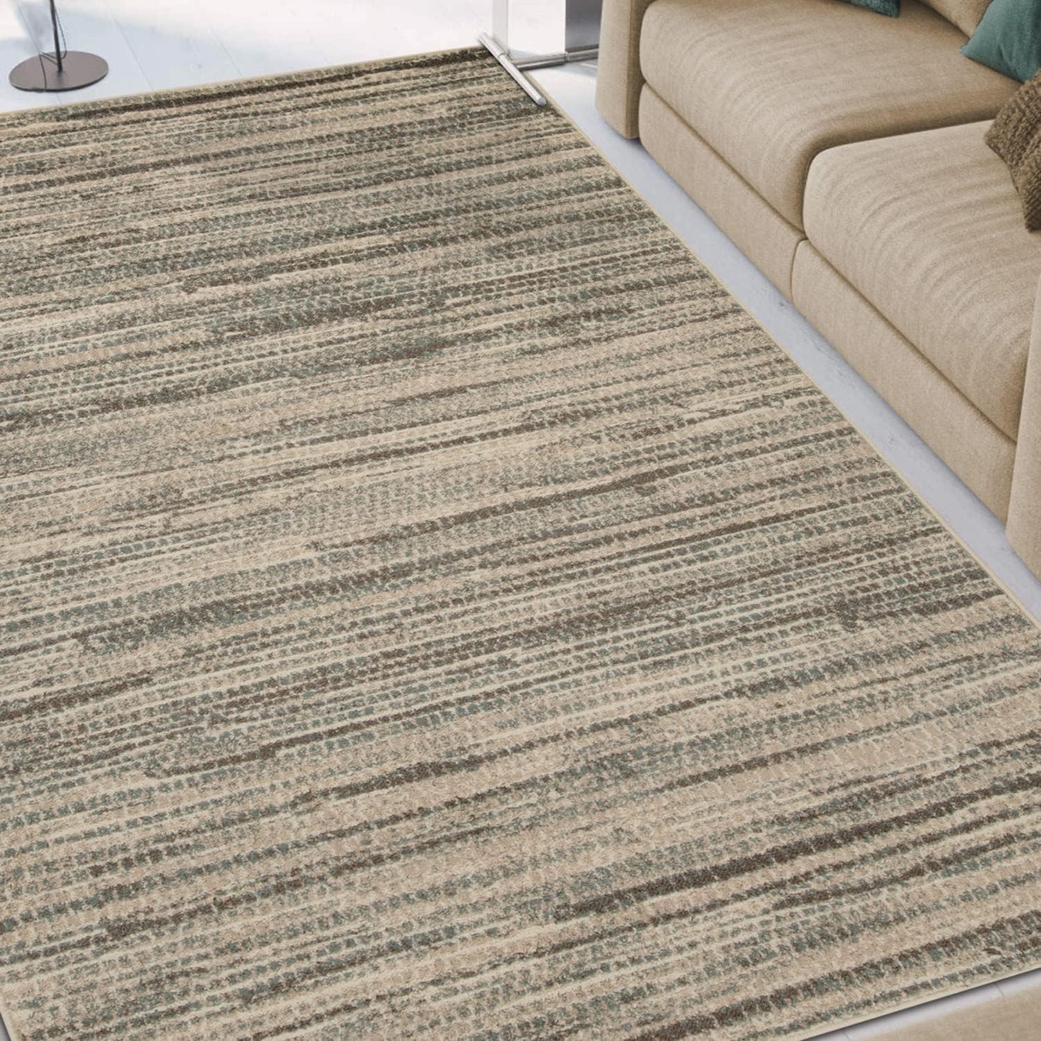 Green Cream Abstract Washable Synthetic Area Rug 4' x 6'