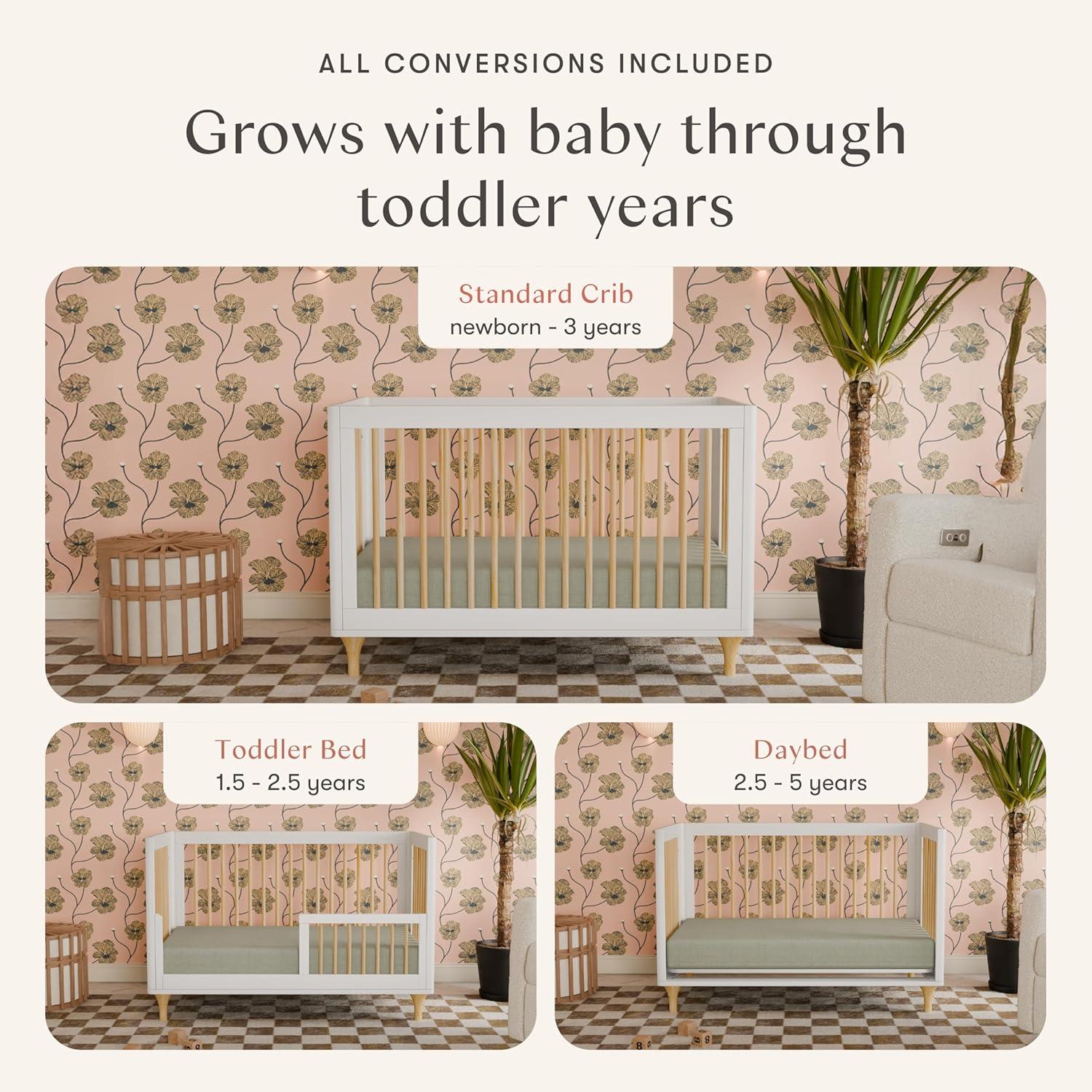 Babyletto Lolly White & Natural Wood 3-in-1 Convertible Baby Crib with Toddler Bed Conversion Kit