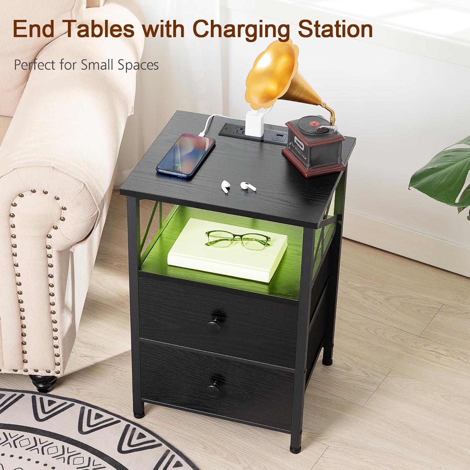 AMHANCIBLE Night Stand Set 2, LED Nightstand with Charging Station, End Tables Living Room with Fabric Drawers, Bedside Table for Bedroom, Black, HET052LBK
