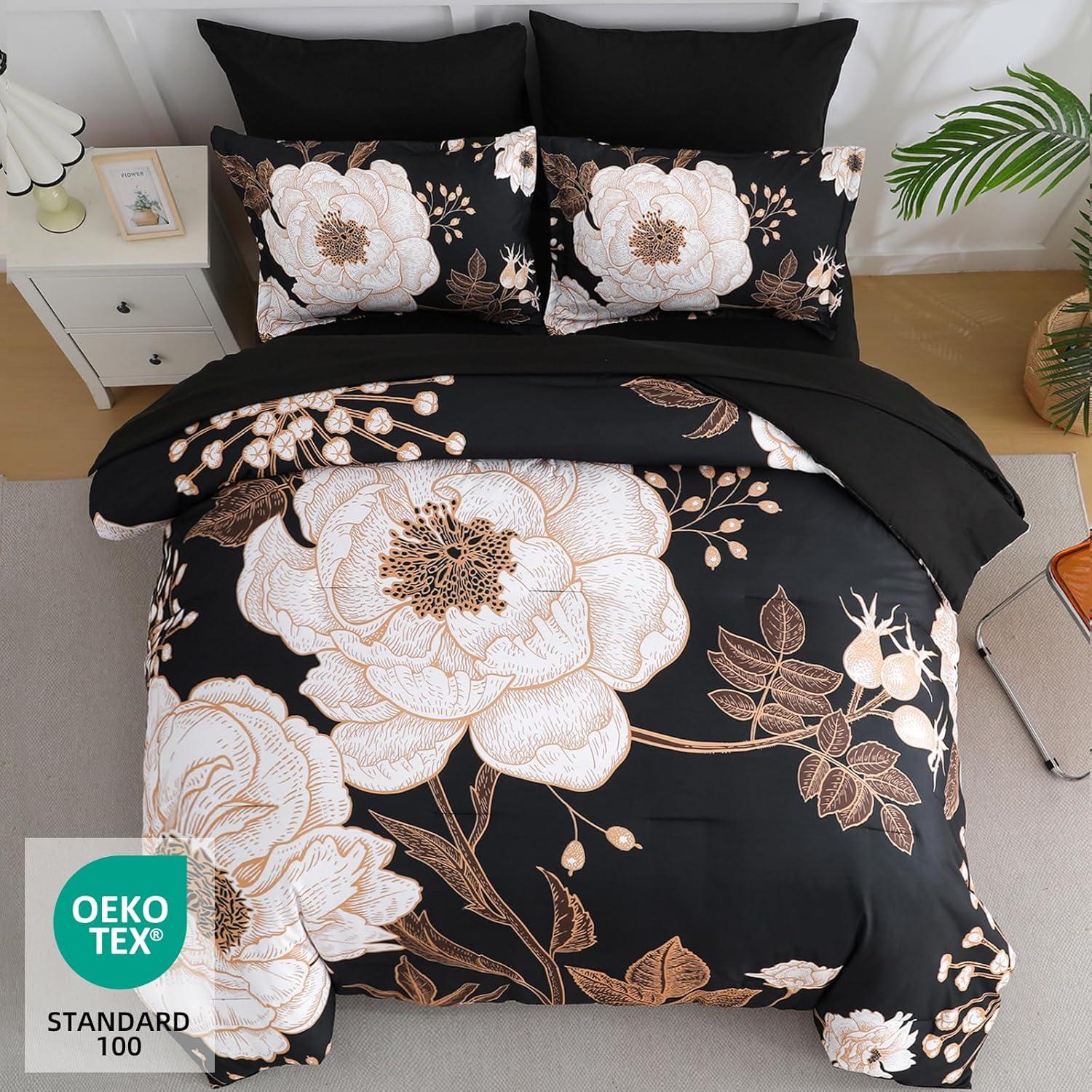 DANTUL 7 Piece Bed In A Bag Queen Comforter Set Botanical Floral Bedding Set,White Flowers Leaves Printed On Black Reversible Design,Soft Microfiber Comforter With Sheet Set,All Season