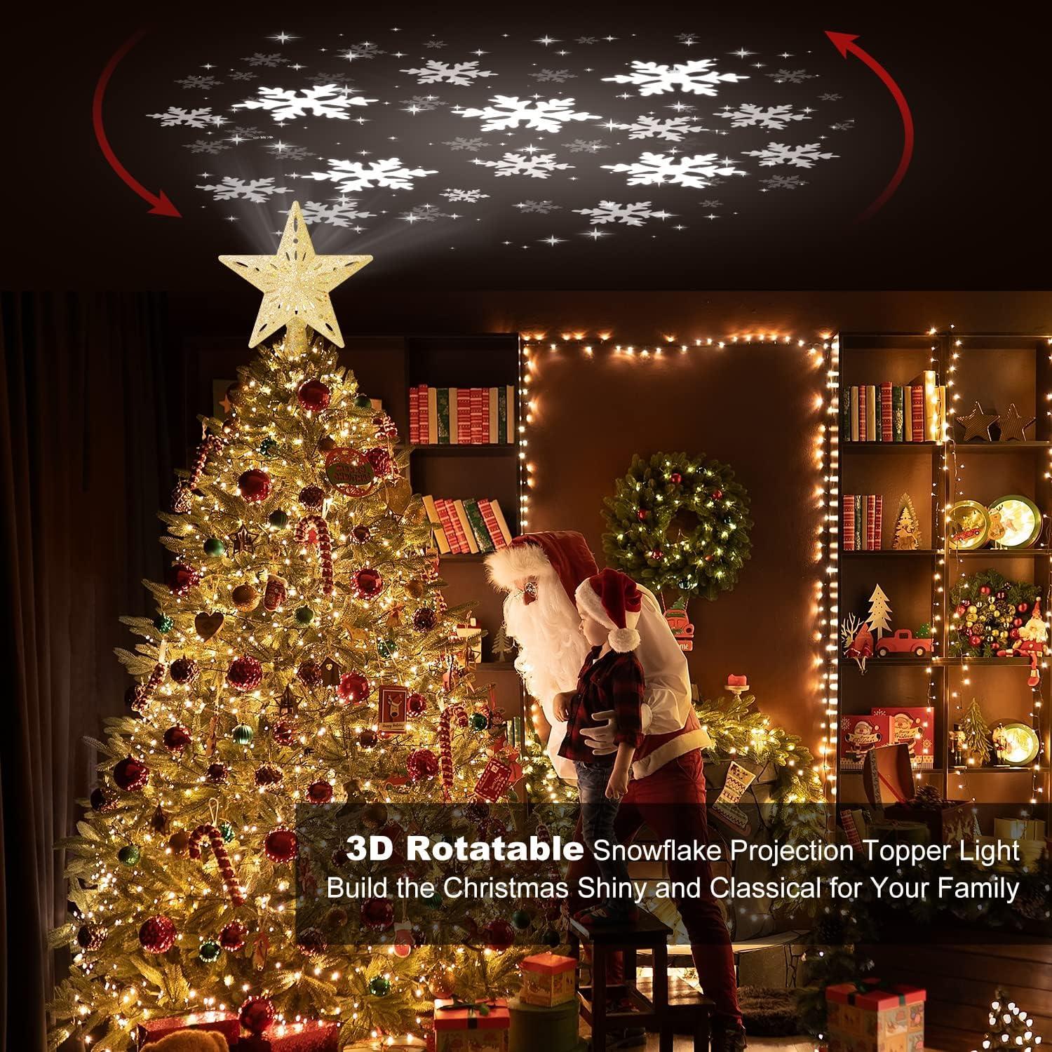 Christmas Tree Topper Lighted, 3D Rotating Pattern Projector for Xmas Tree Topper, 6 Pattern Projection Modes, Built-in LED Projection Light for Christmas Decorations