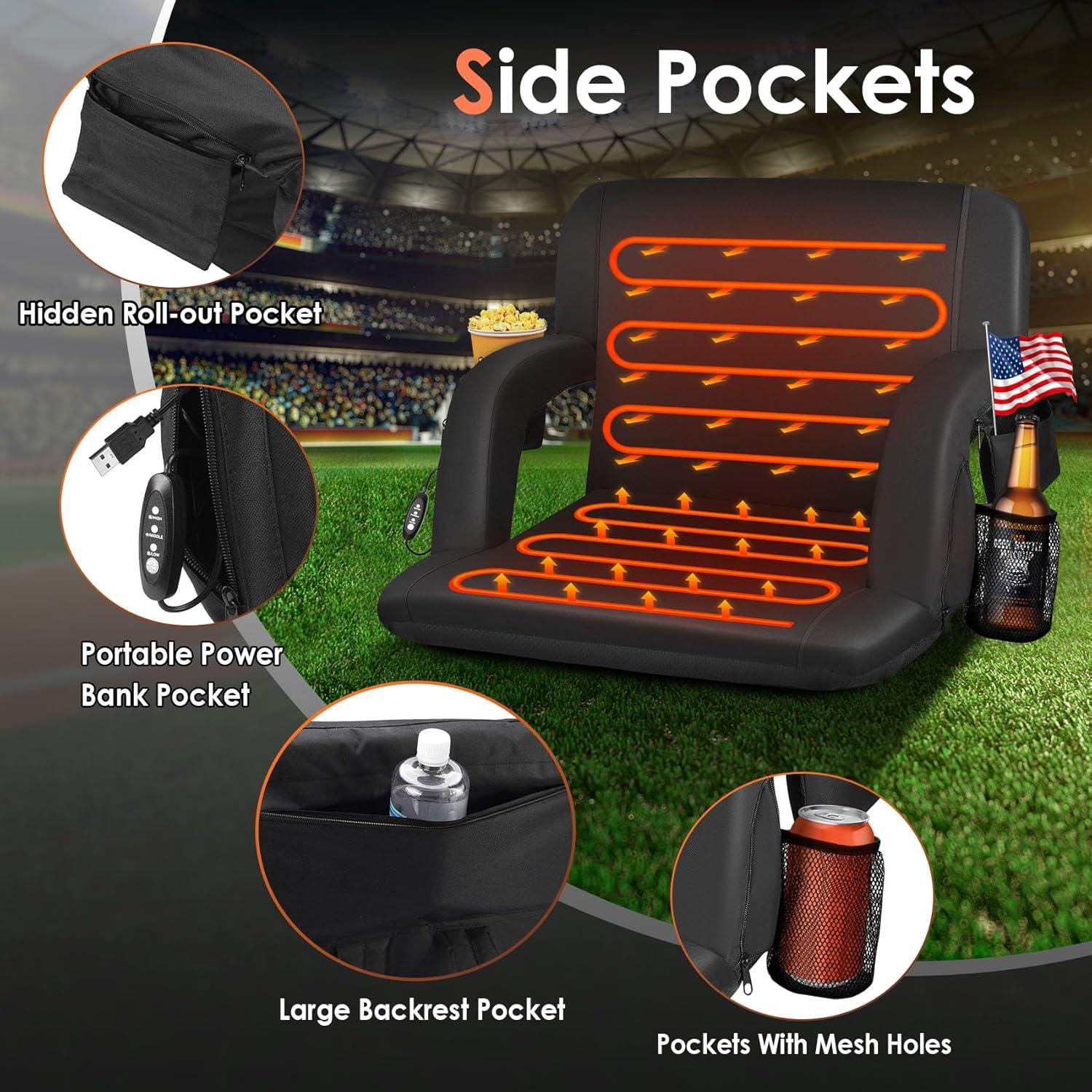 HOPERAN Black Heated Stadium Seat with Back Support and Pockets