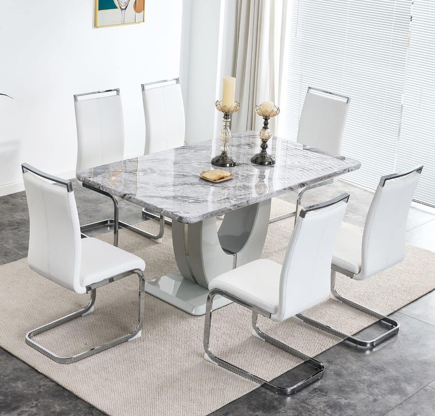 63'' Gray Rectangular MDF and Marble Dining Table