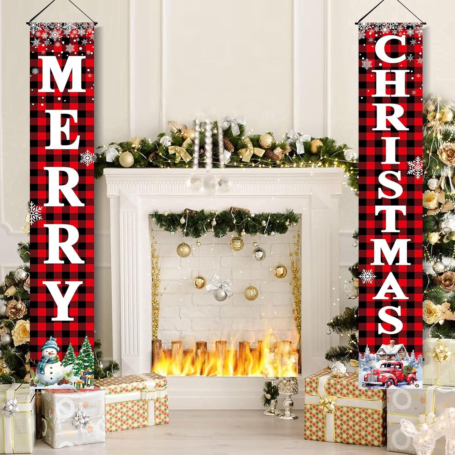 Christmas Decorations Outdoor Yard Front Porch Sign Set, Red Black Buffalo Plaid Door Banner, Hanging Merry Christmas Decorations for Home, Indoor Outdoor Xmas Decor Wall Front Door Yard Garage