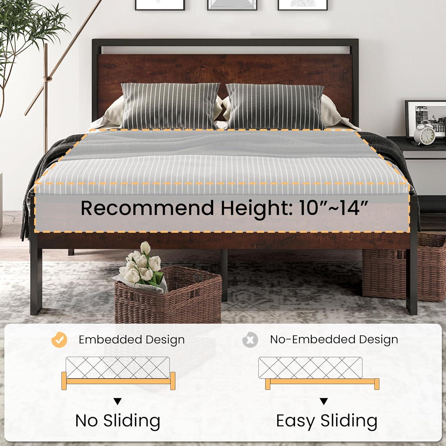 Mahogany Queen Metal Platform Bed Frame with Wood Headboard and Storage