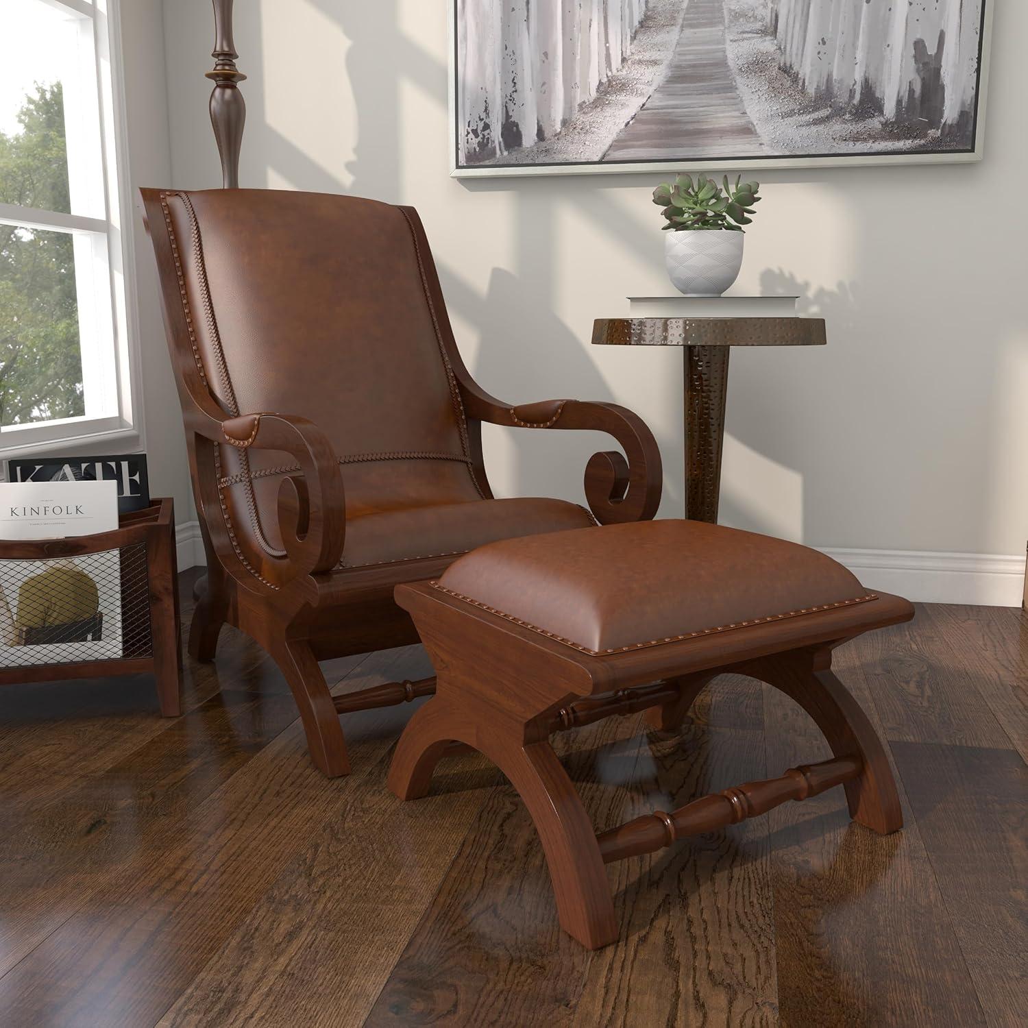 Handcrafted Brown Leather and Teak Wood Accent Chair with Ottoman